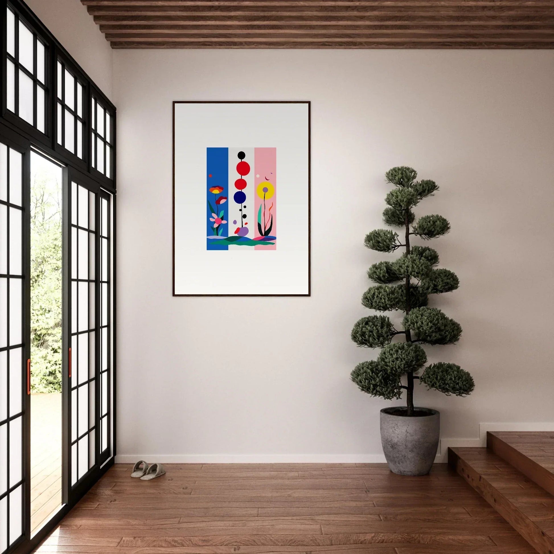 Colorful abstract floral shapes on canvas print, perfect for stylish room decoration