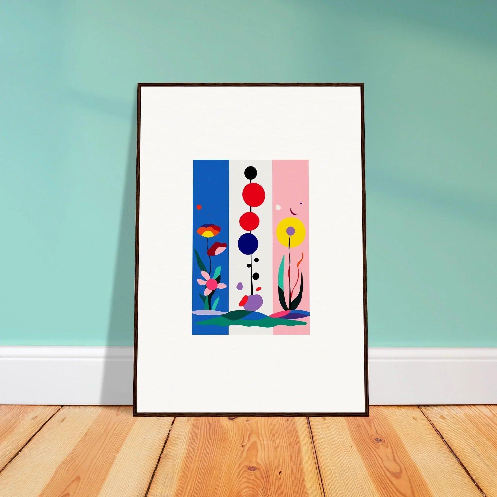 Framed abstract canvas print with colorful shapes for stylish room decoration, Fleur Fantaisie