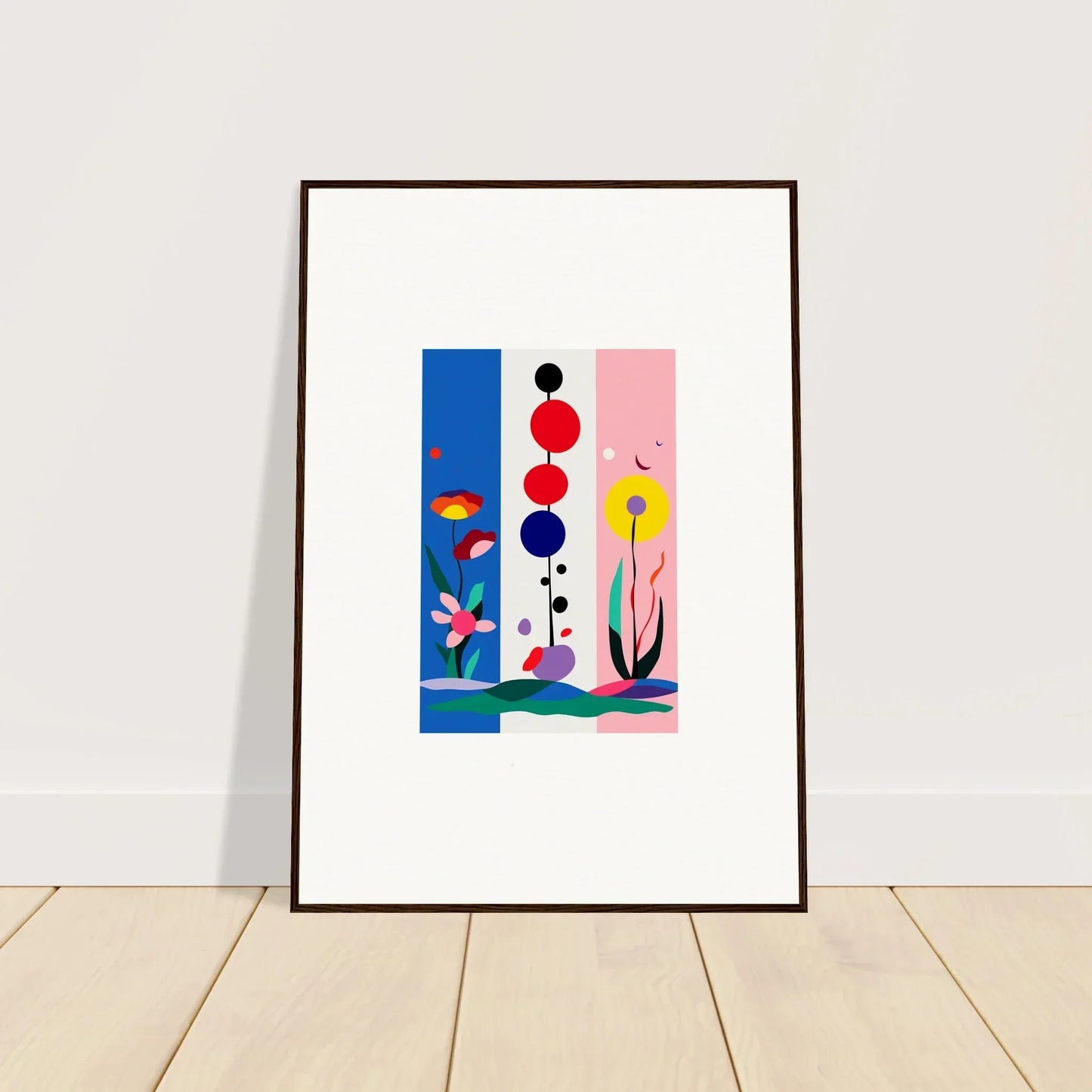 Framed abstract canvas print of Fleur Fantaisie with vibrant geometric shapes for room decoration