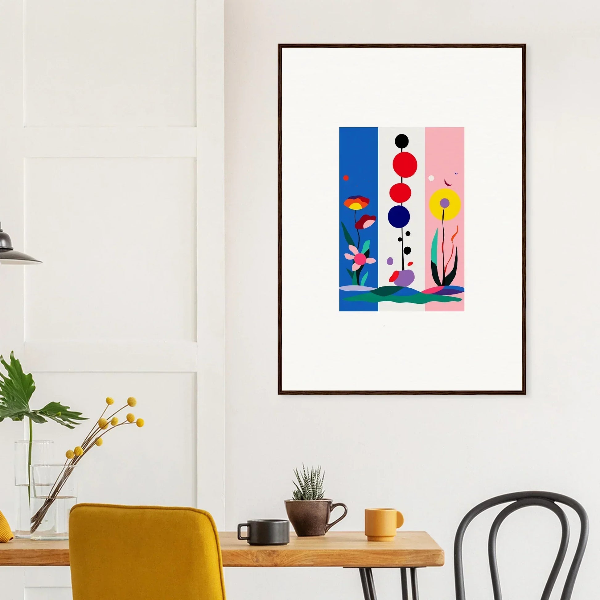 Framed abstract canvas print with colorful geometric shapes and fleur fantaisie