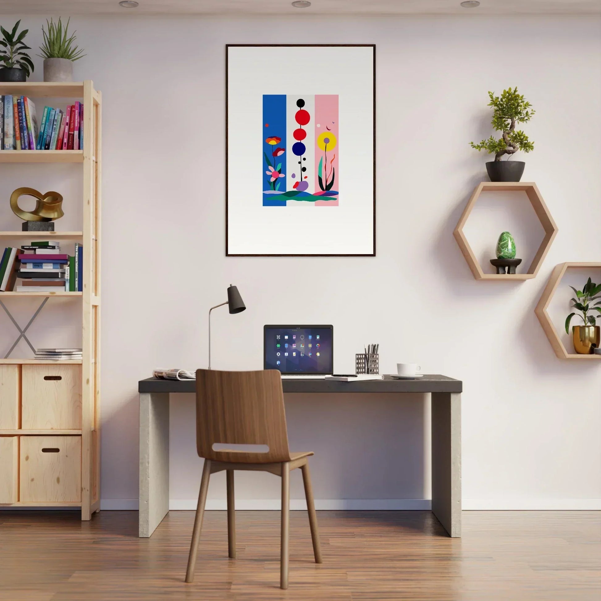 Modern home office with a desk and Surreal Fleur Fantaisie canvas print for stylish room decoration