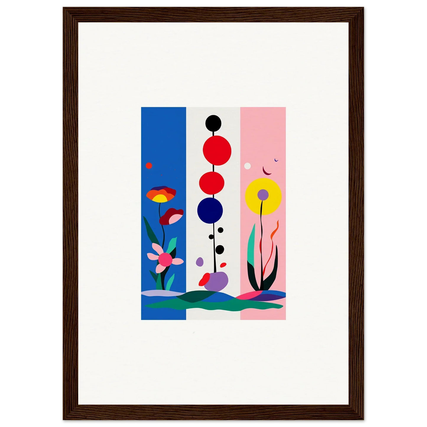 Colorful abstract canvas print with geometric shapes and floral elements for room decoration