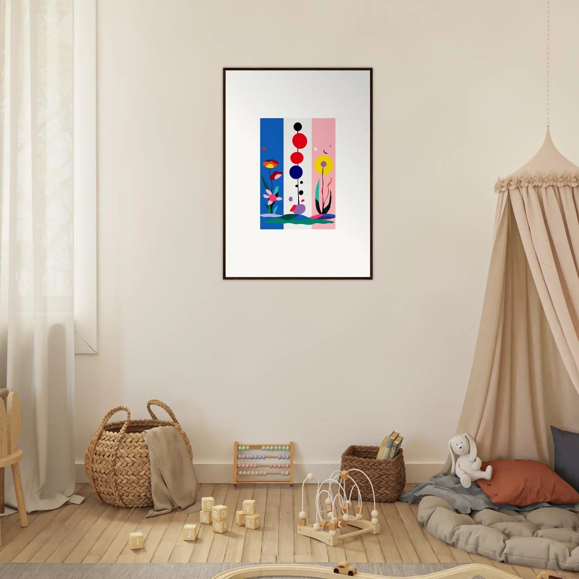 Framed Surreal Fleur Fantaisie canvas print with colorful shapes for unique room decoration