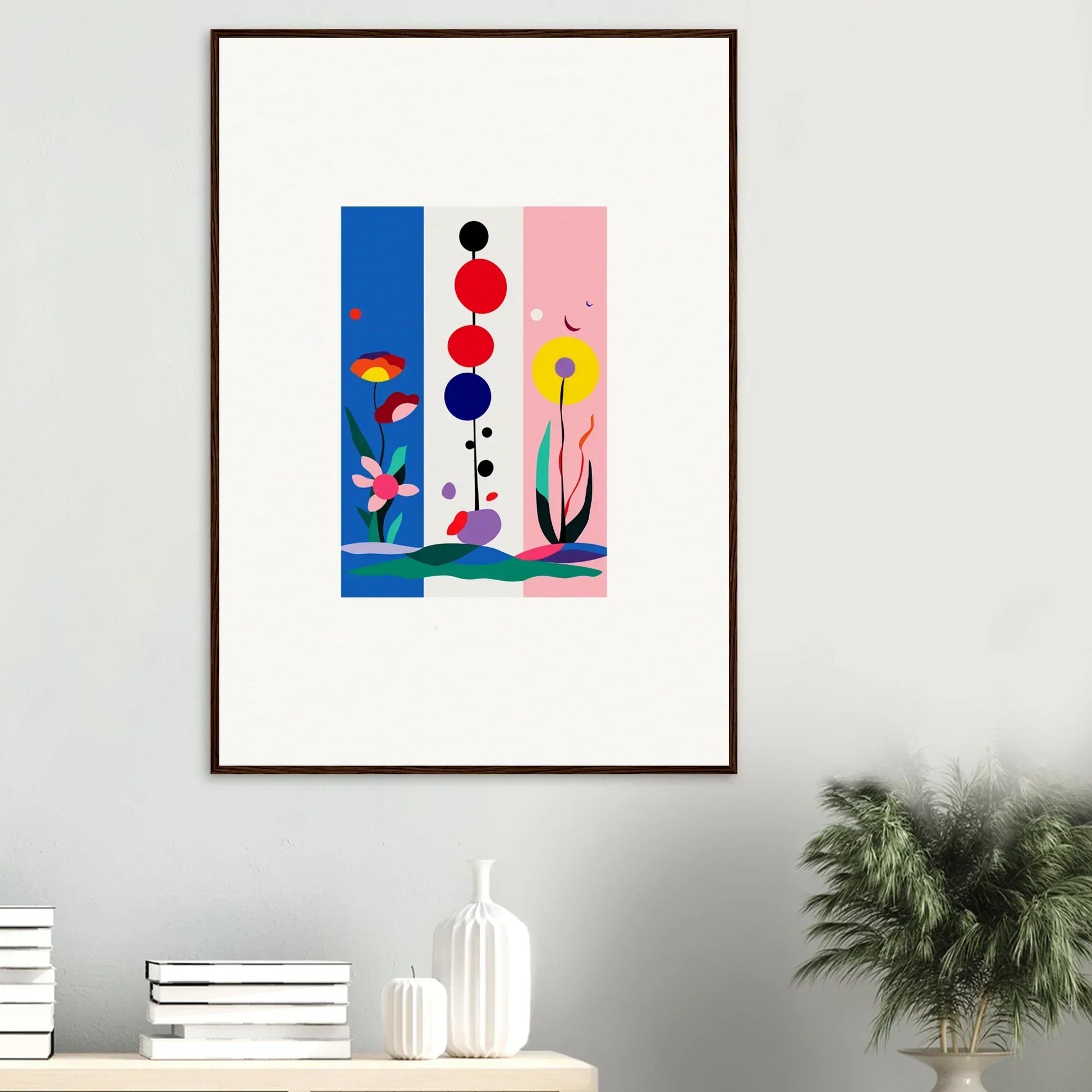 Framed canvas print of Surreal Fleur Fantaisie, colorful geometric floral art for room decoration