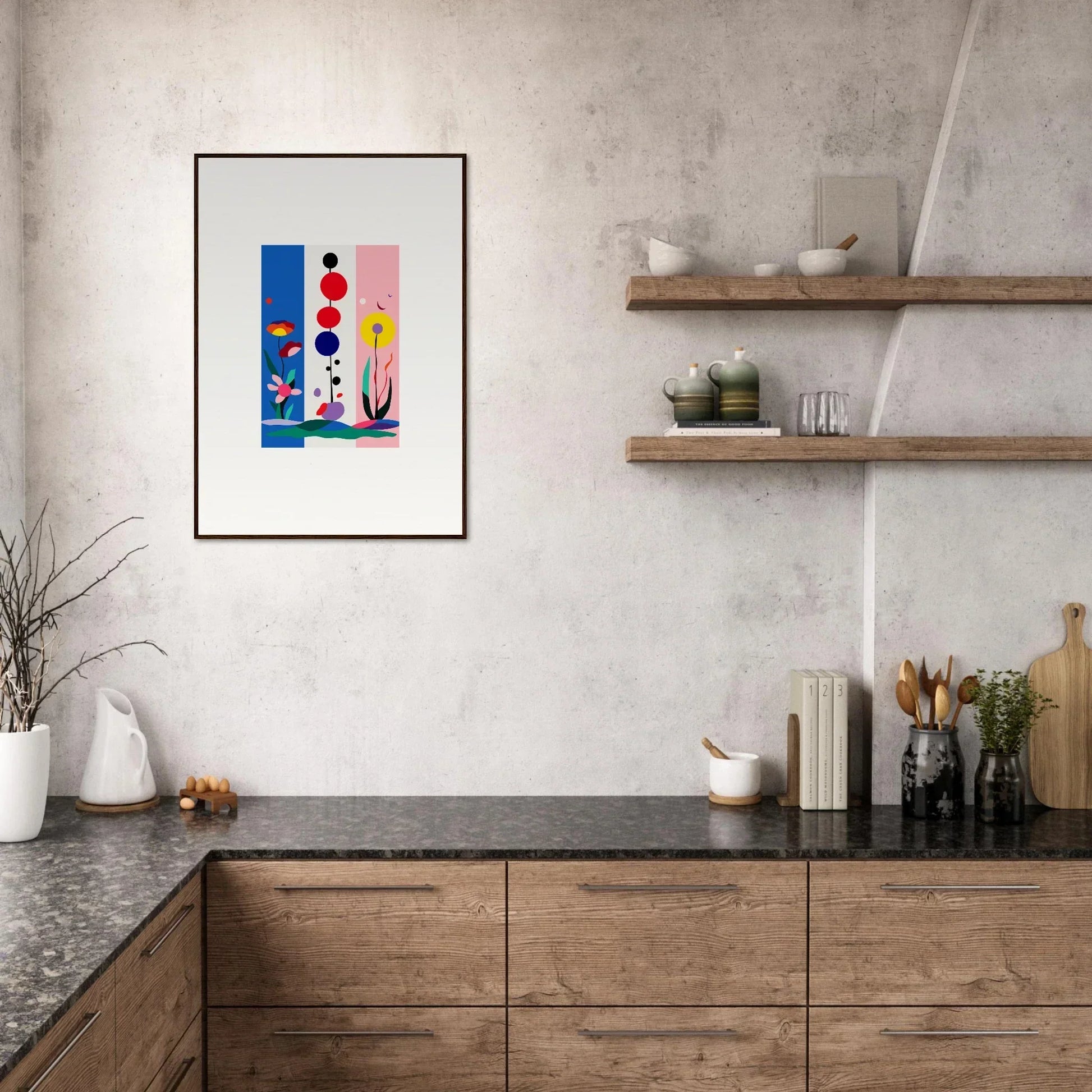 Framed canvas print of colorful geometric shapes and plant forms for room decoration