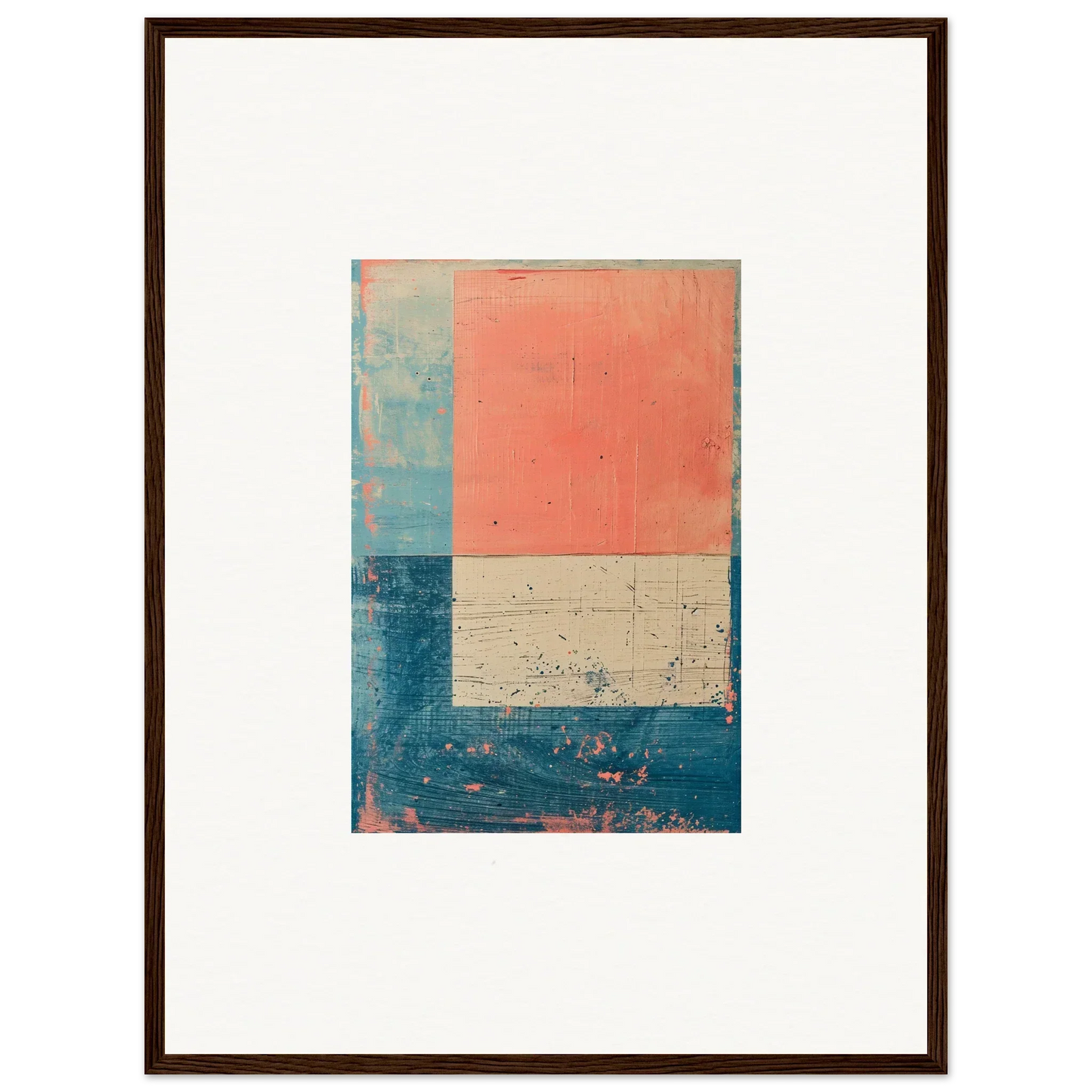 Abstract painting in coral, white, and blue tones for stylish room decoration as a canvas print