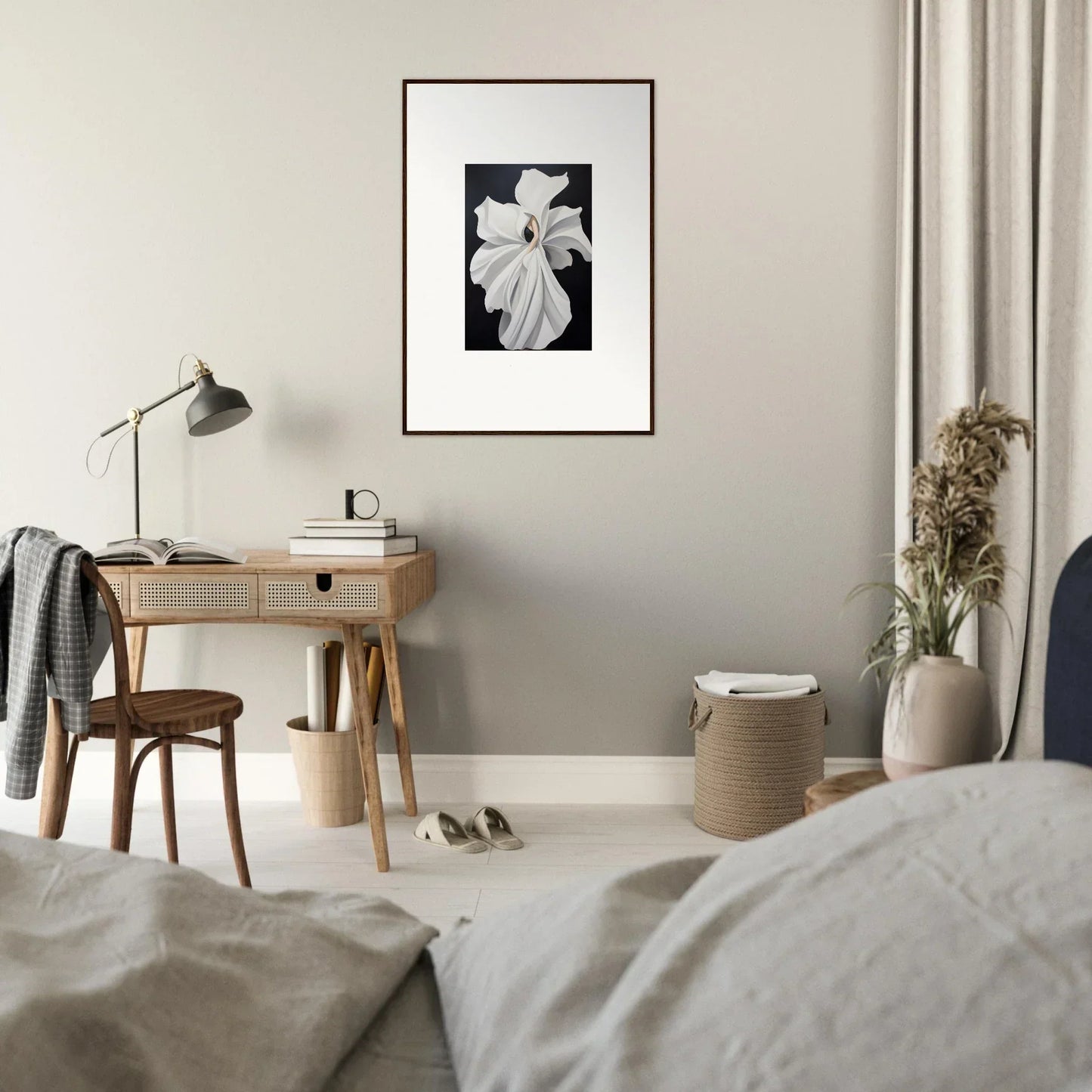 Framed black and white botanical print showcasing petal fluidity for elegant room decor
