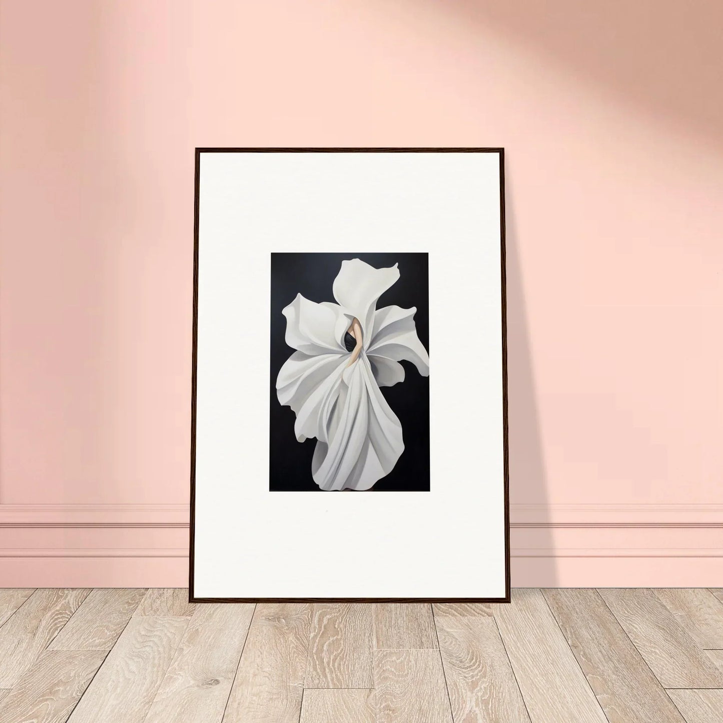 Framed wall art of a white flower showcasing petal fluidity for elegant room decor