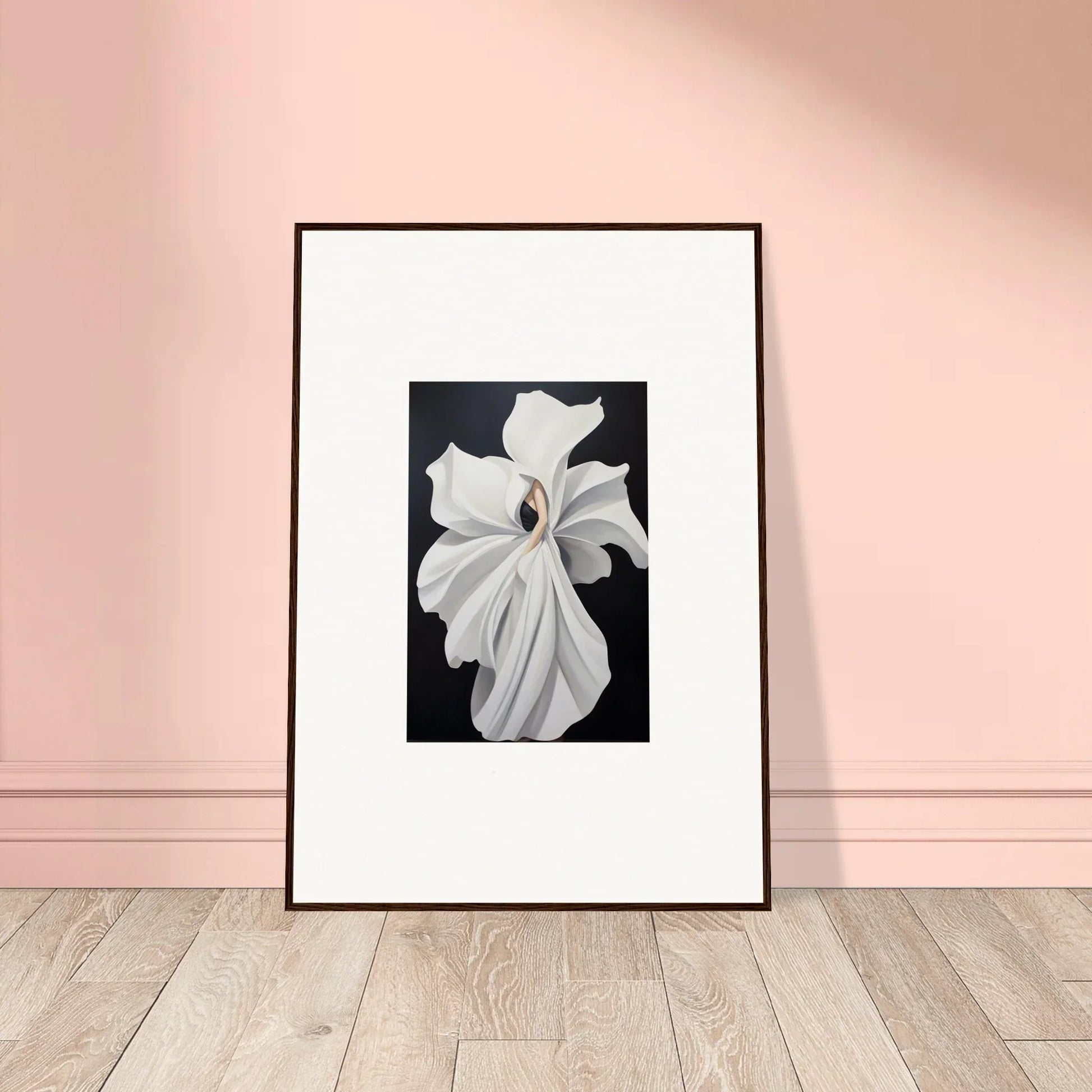 Framed wall art of a white flower showcasing petal fluidity for elegant room decor