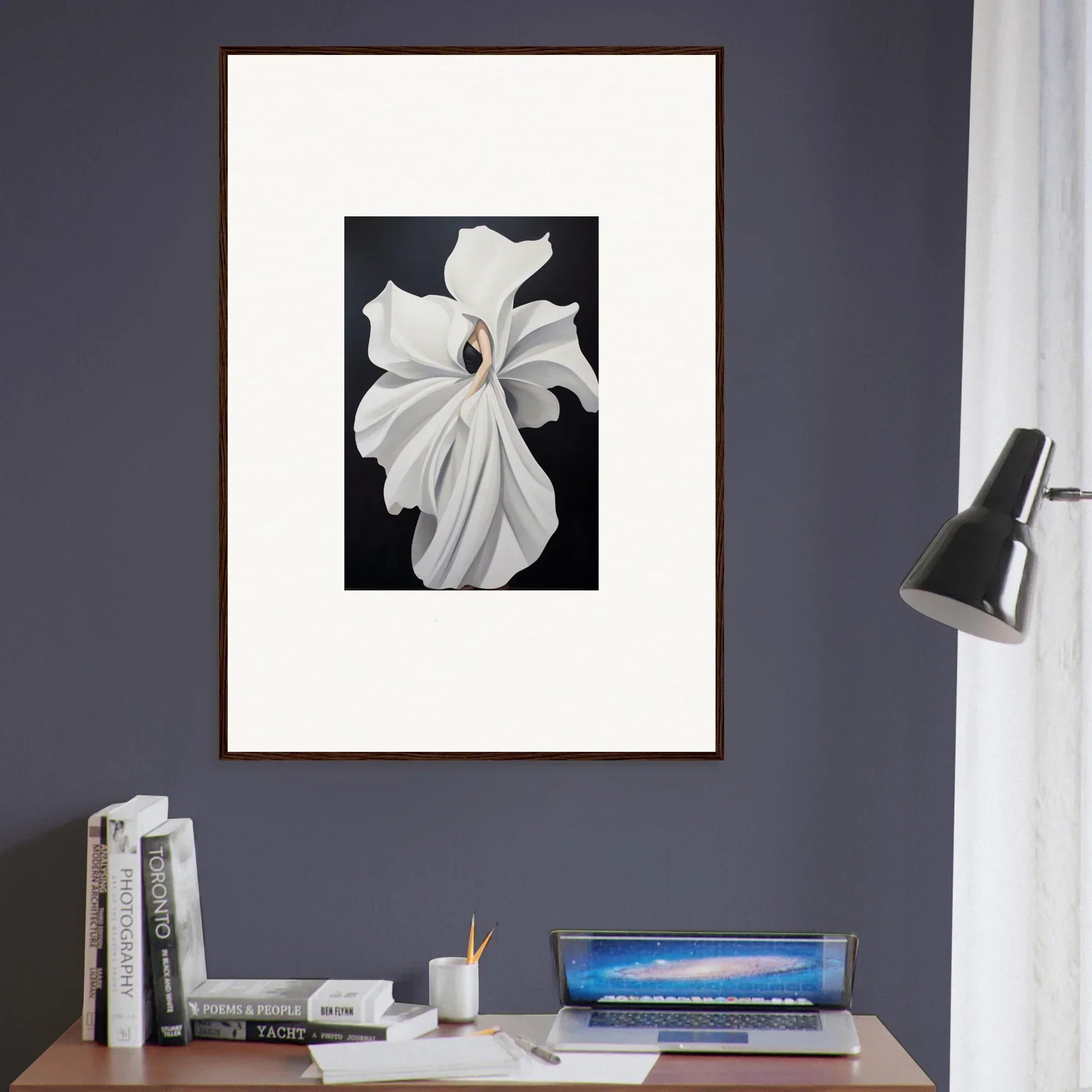 Framed wall art of a white lily flower showcasing petal fluidity for stylish room decor