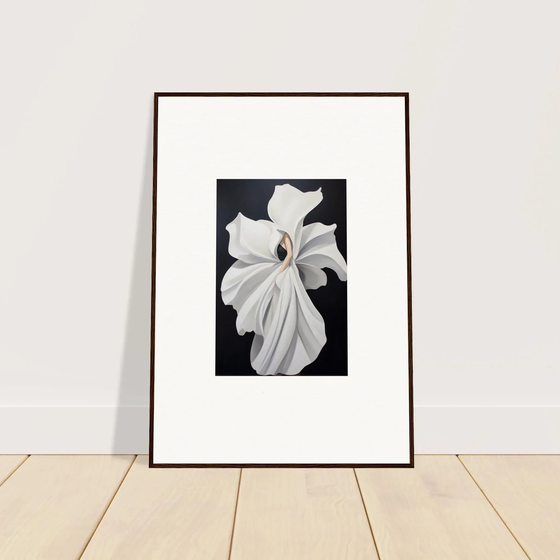 Framed wall art of a white magnolia flower highlighting petal fluidity for room decor