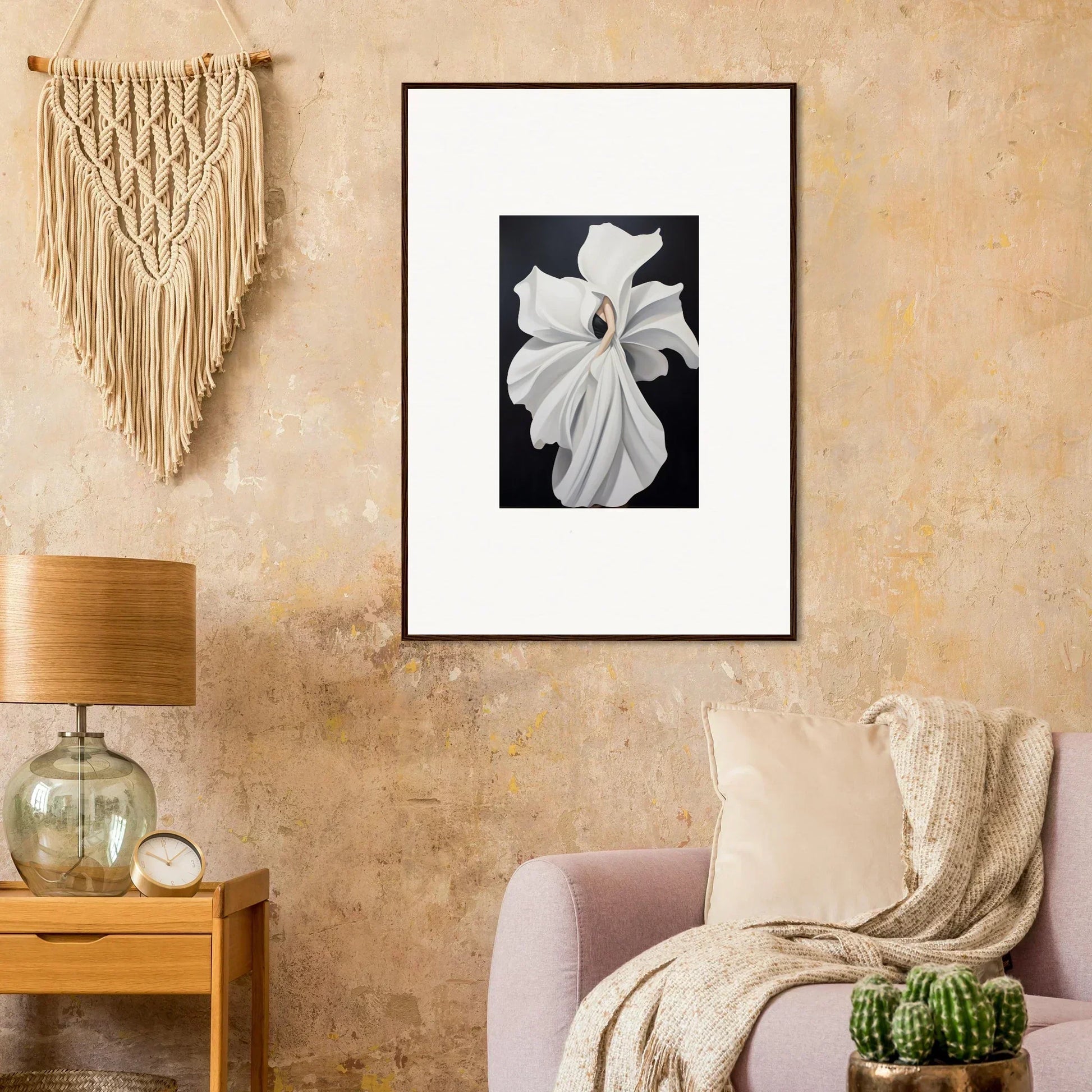 Framed black and white photograph of a magnolia flower for elegant room decor