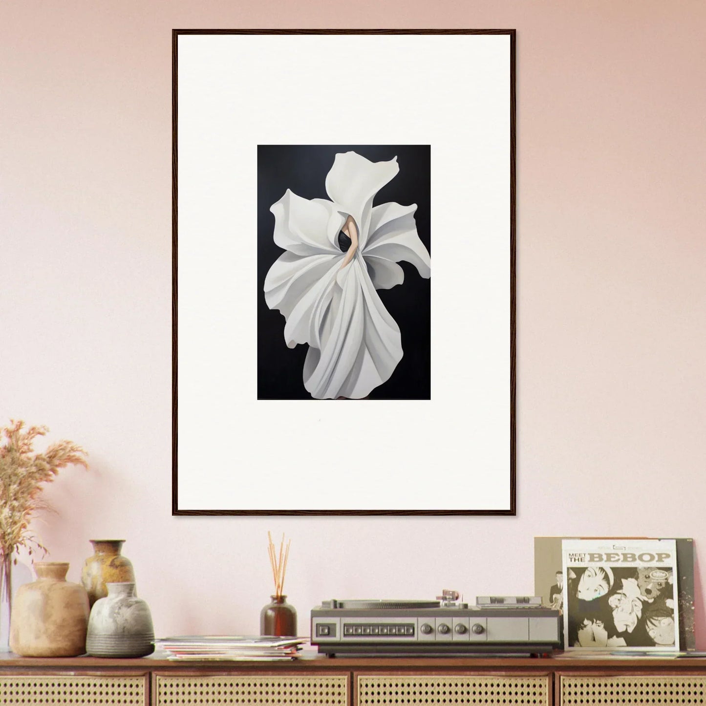 Framed wall art of a white magnolia flower showcasing petal fluidity for room decor