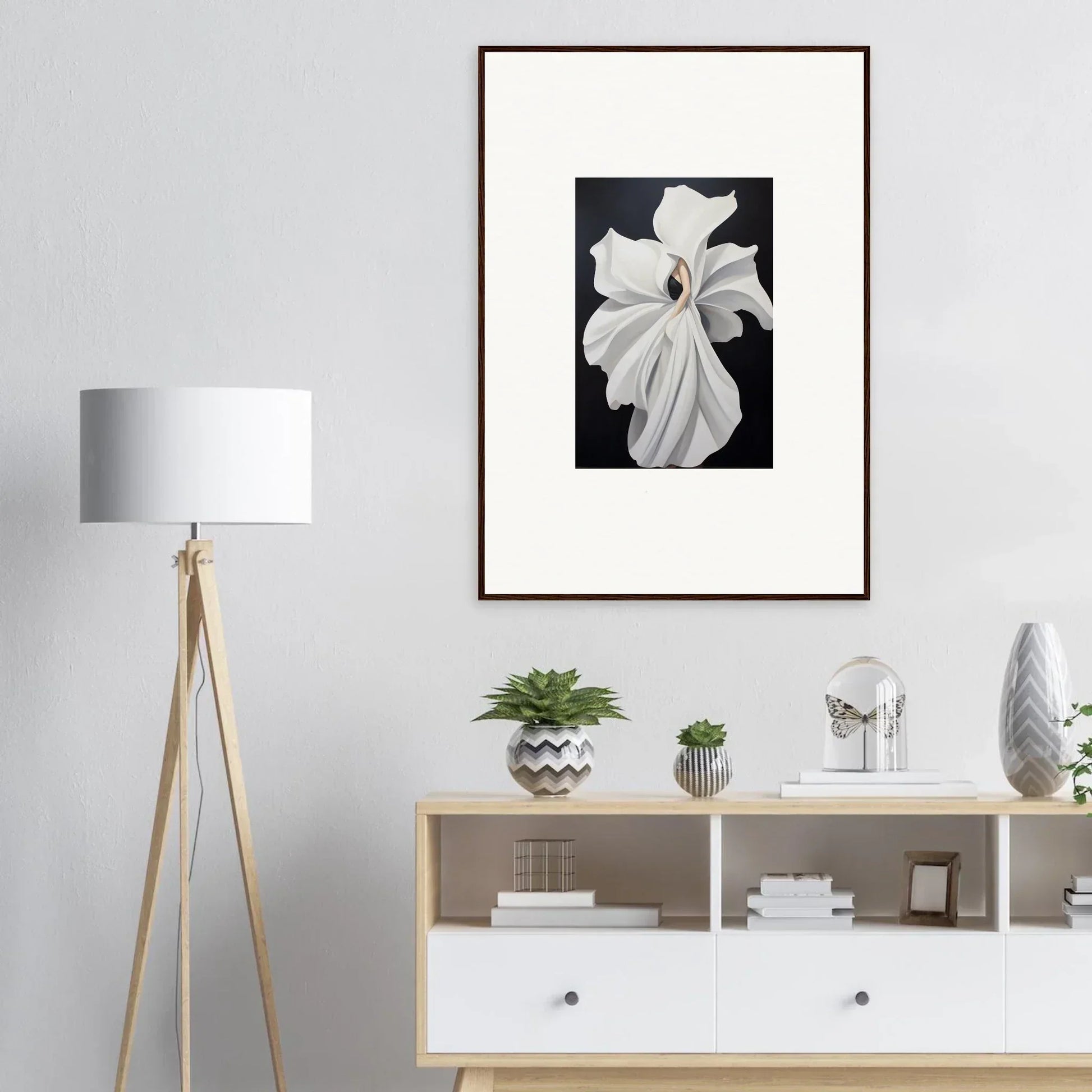 Framed black and white photograph of a magnolia flower for stylish room decor