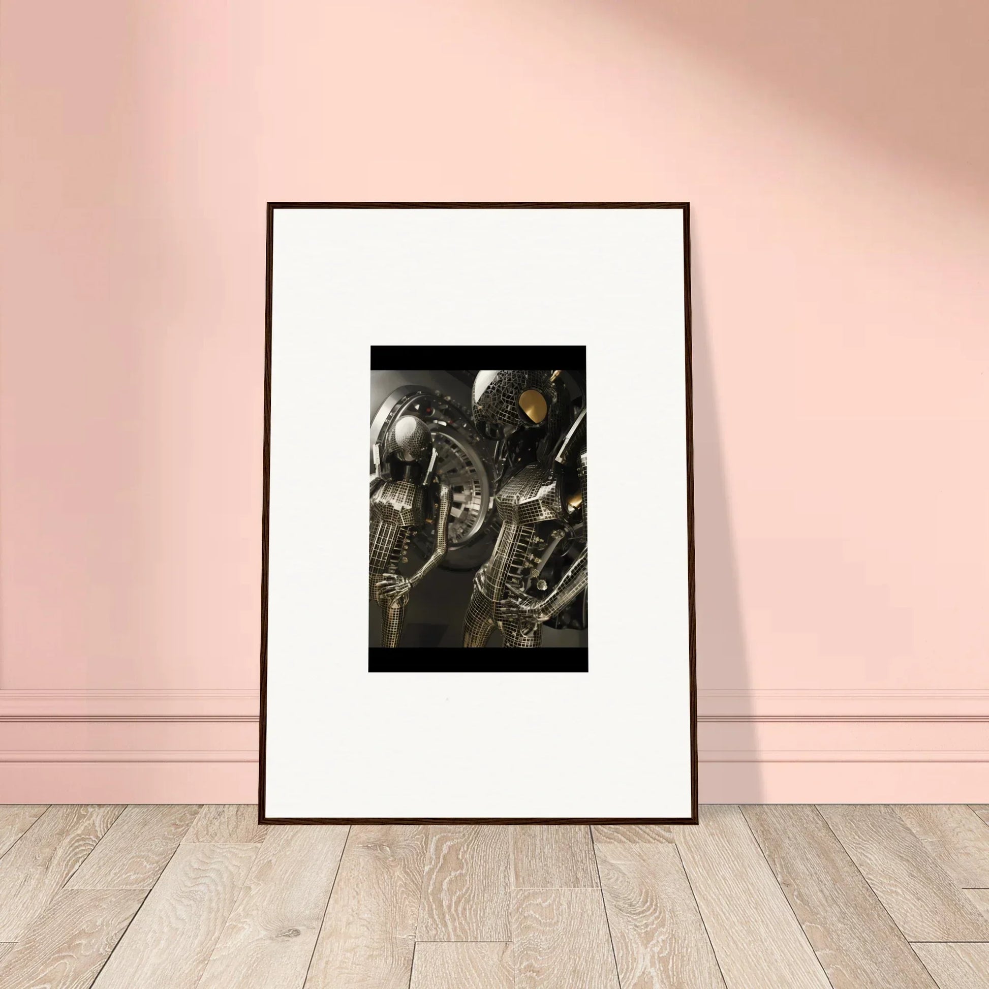 Framed canvas print of metallic alien creatures for unique room decoration