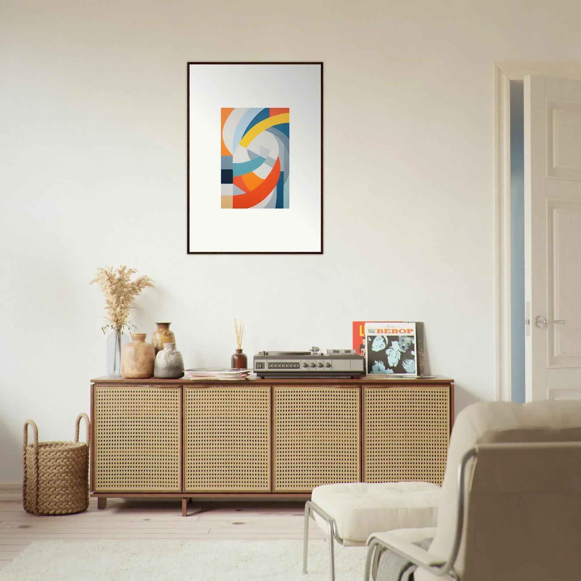 Rattan-fronted wooden credenza with four doors, Tangerine Cosmic Spiral design
