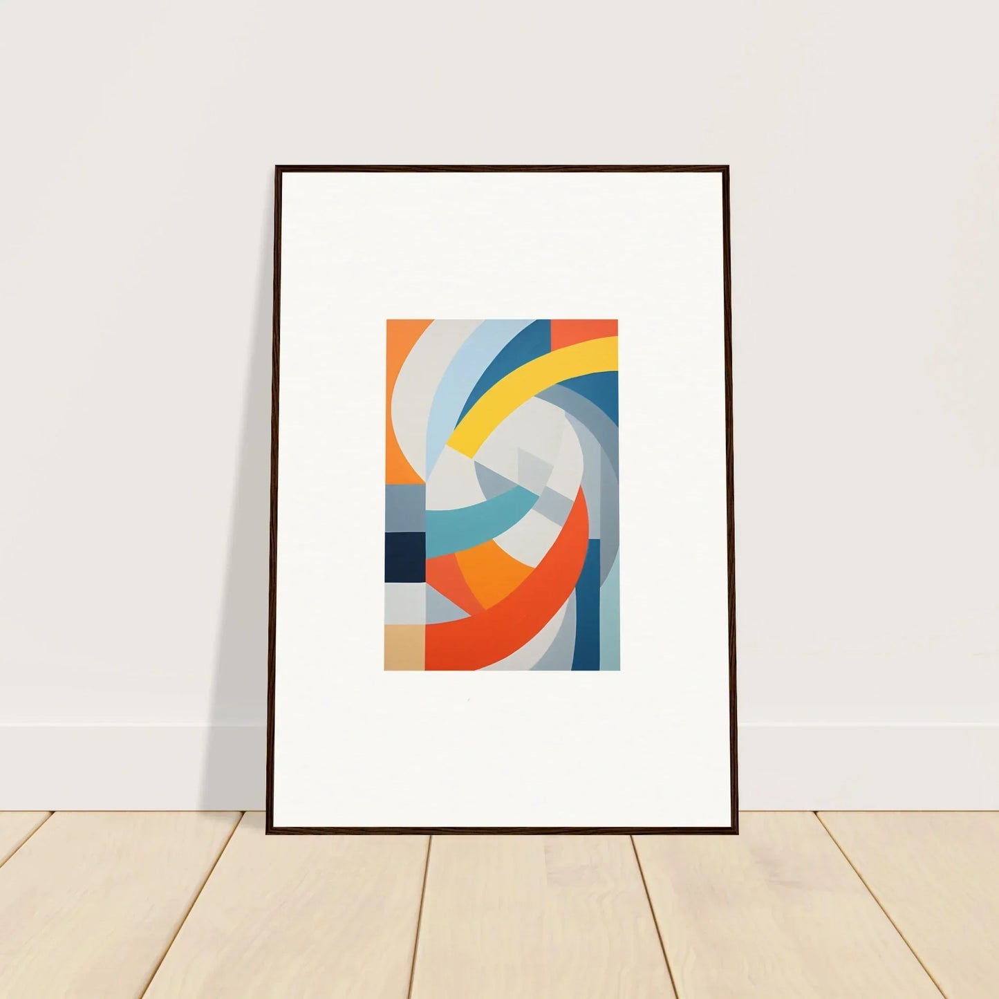 Framed abstract art with curved shapes in vibrant colors, Tangerine Cosmic Spiral design