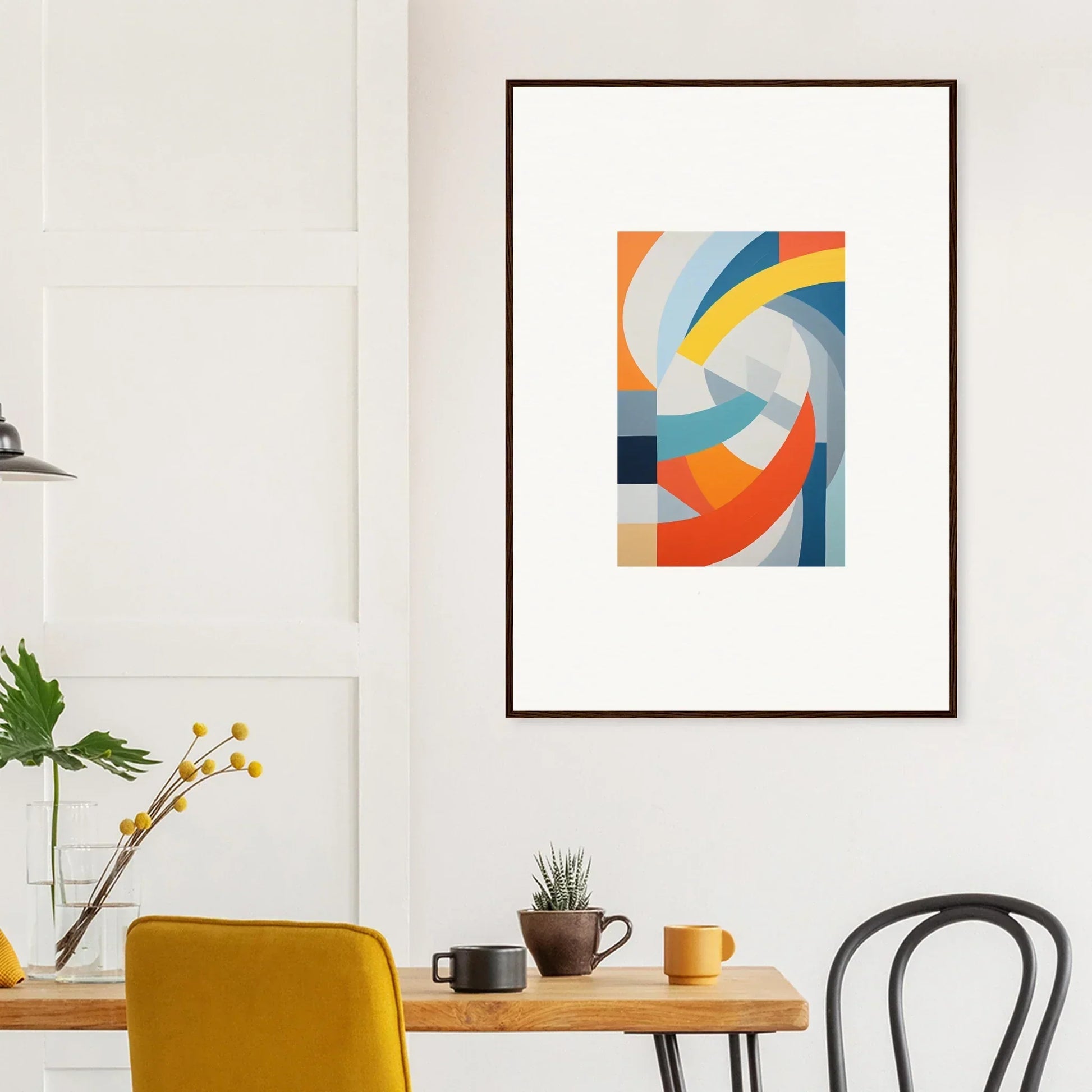Abstract geometric art with curved shapes in tangerine cosmic spiral colors