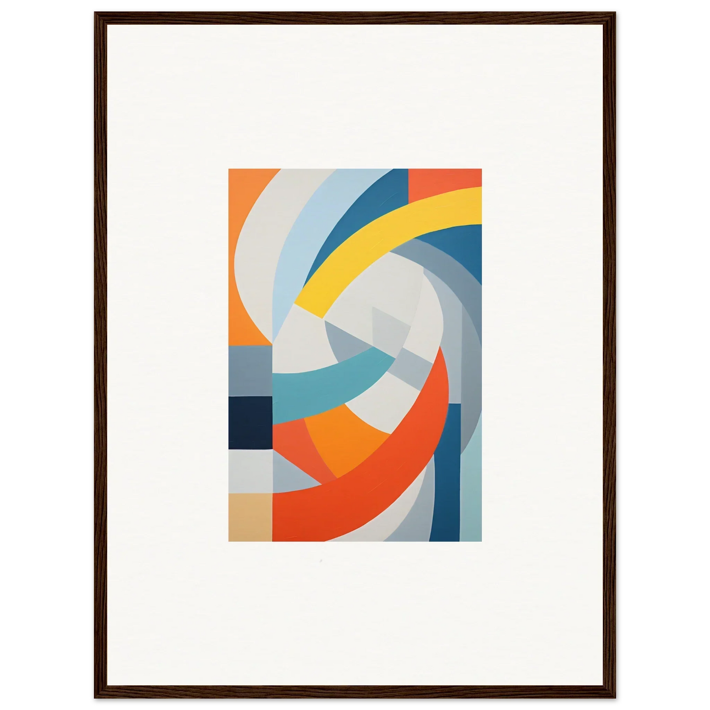 Abstract geometric artwork of the Tangerine Cosmic Spiral in vibrant orange, blue, and gray