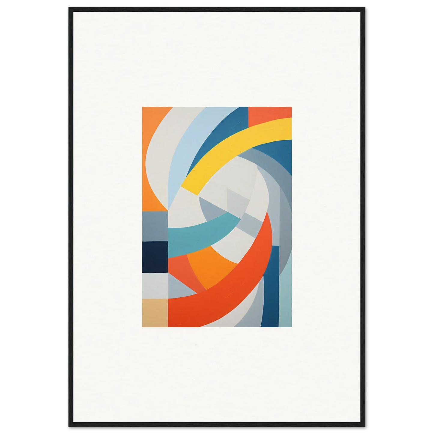 Abstract geometric artwork with curved shapes in vibrant orange, yellow, and blue for Tangerine Cosmic Spiral