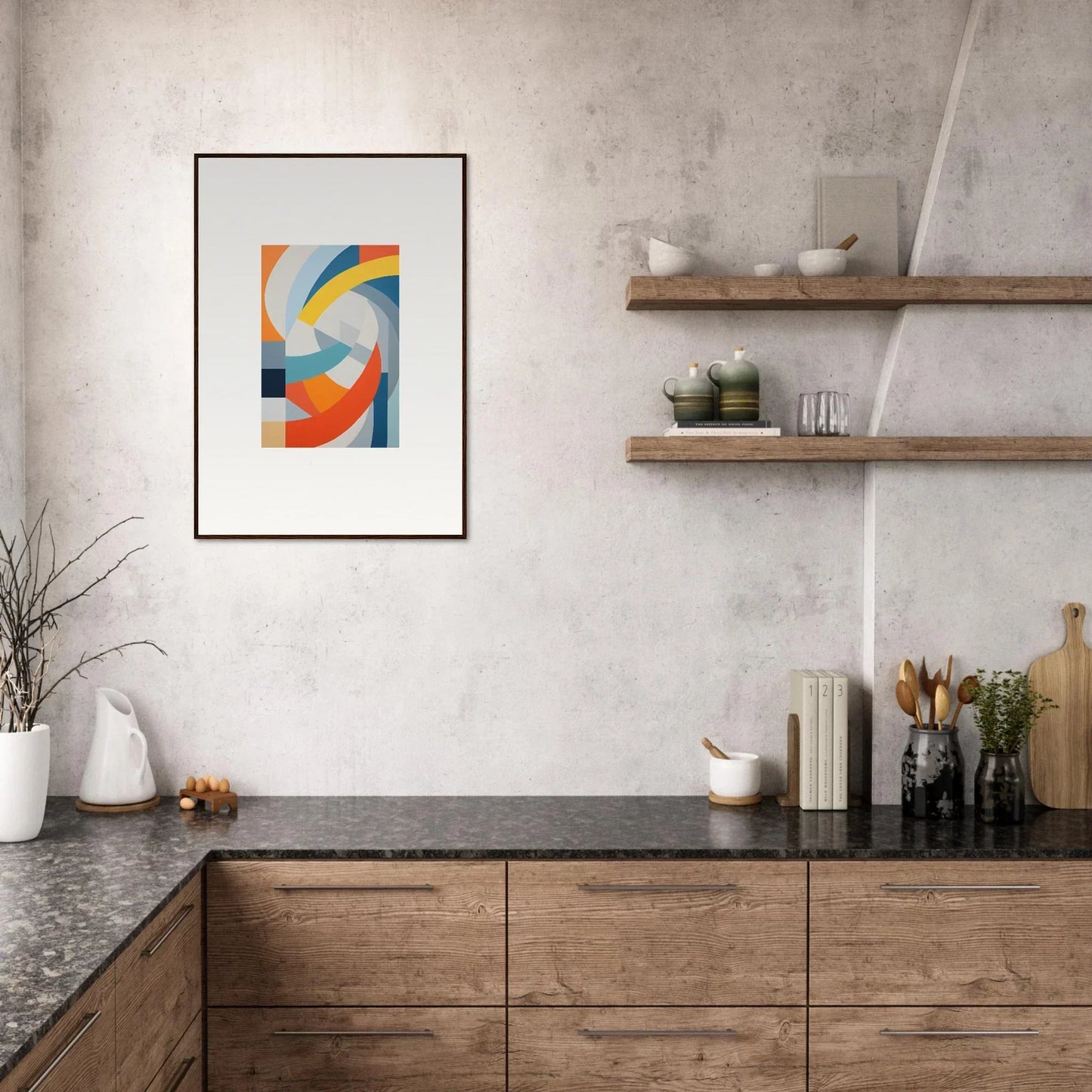 Modern kitchen cabinetry with wooden fronts and dark countertops in Tangerine Cosmic Spiral
