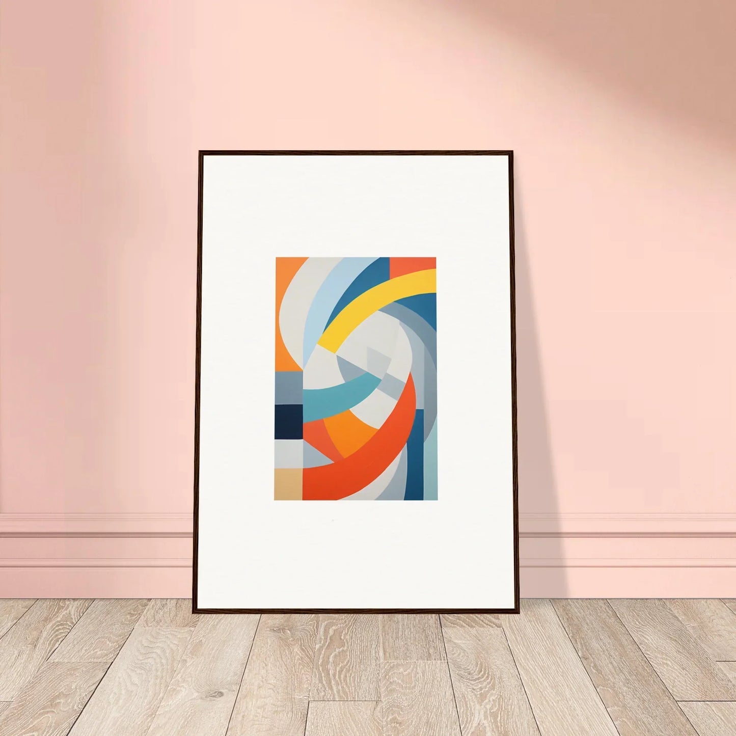 Framed Tangerine Cosmic Spiral art with curved shapes in vibrant orange, blue, and gray