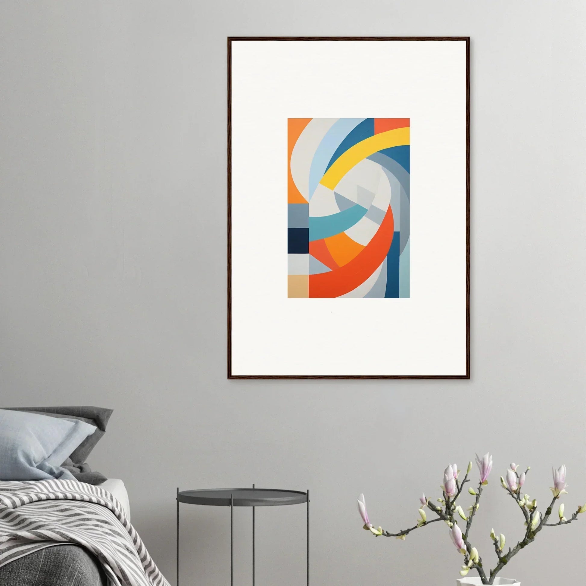Abstract geometric artwork in orange, blue, and yellow for Tangerine Cosmic Spiral