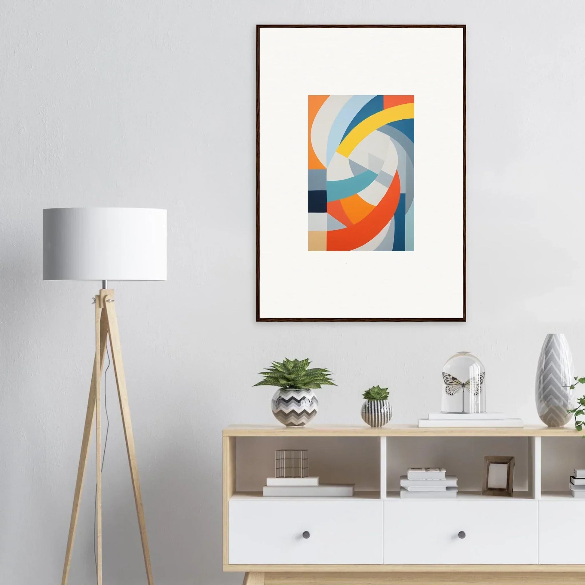 Abstract geometric artwork of the Tangerine Cosmic Spiral in orange, blue, and gray tones