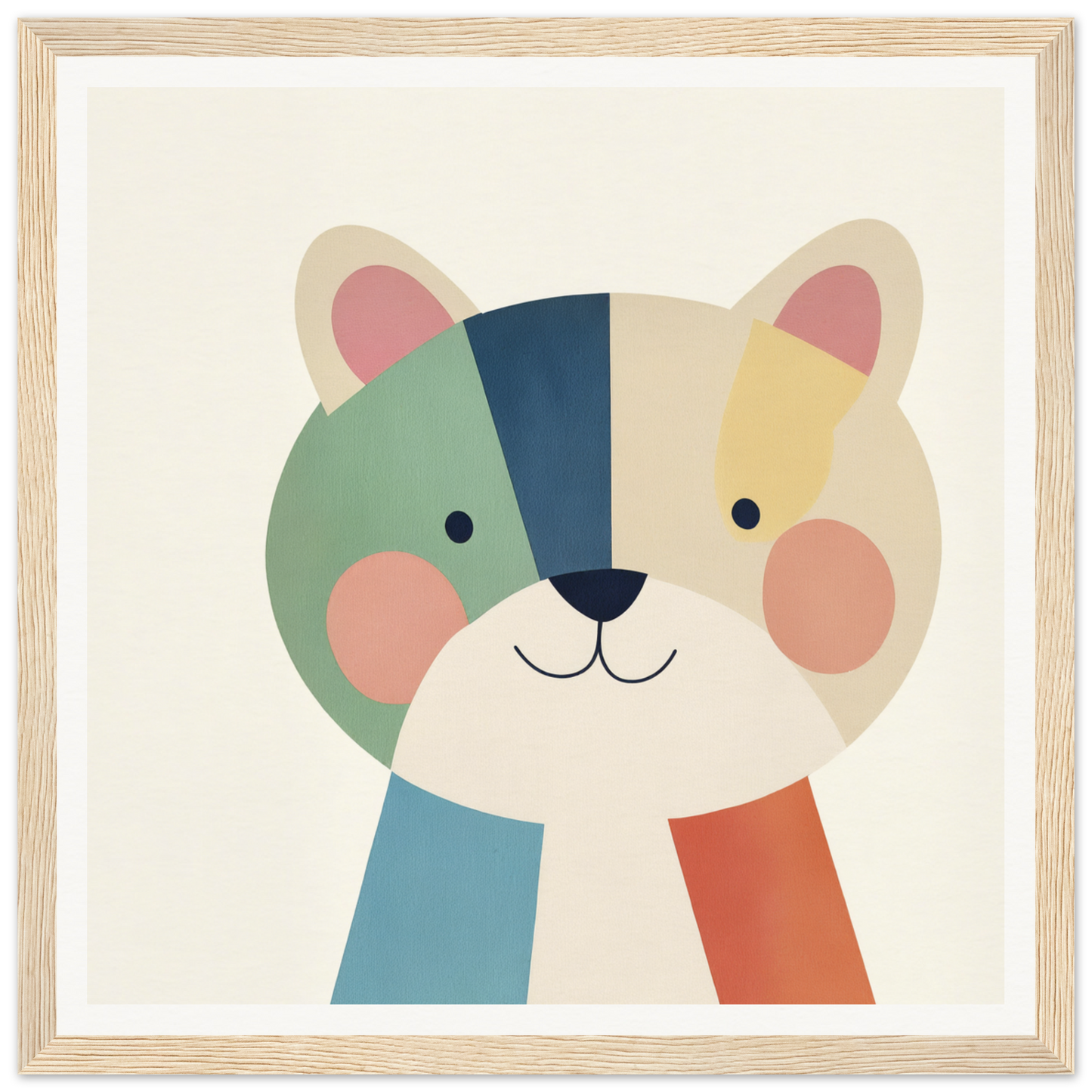 Colorful geometric illustration of a smiling cat face with pink cheeks in Teal Bear Palette