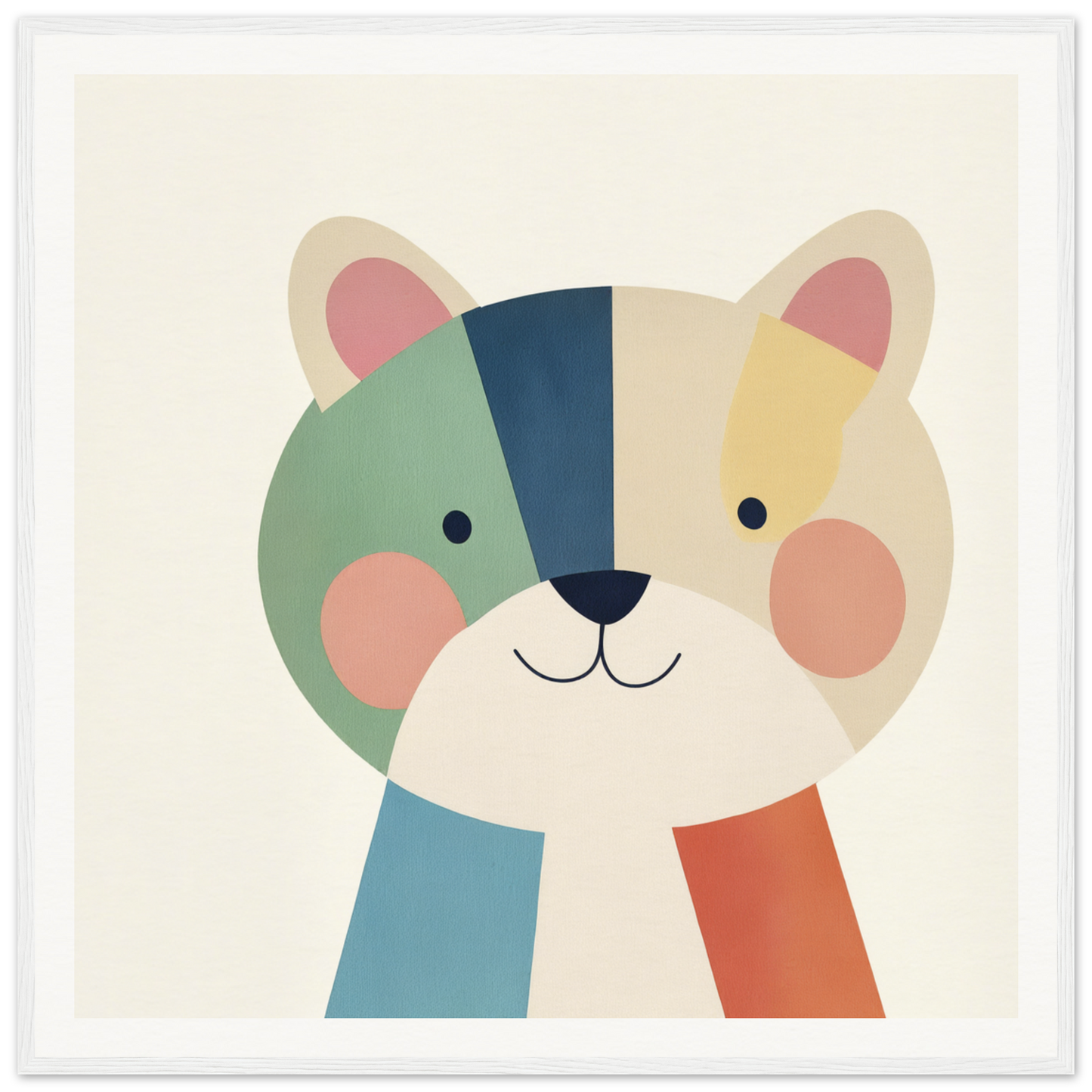 Cute cartoon cat face in geometric colors mint green, blue, cream, and coral from Teal Bear Palette