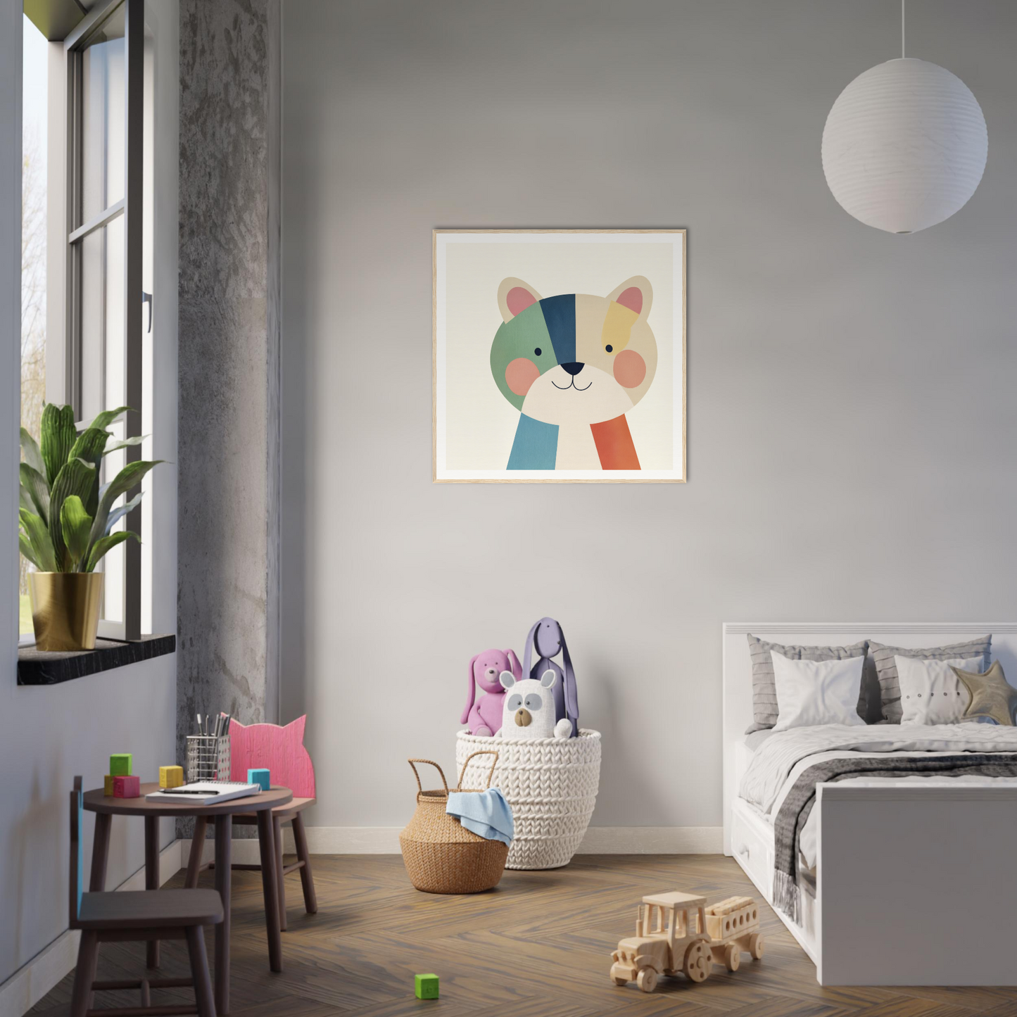 Colorful cartoon bear artwork on gray wall from Teal Bear Palette collection