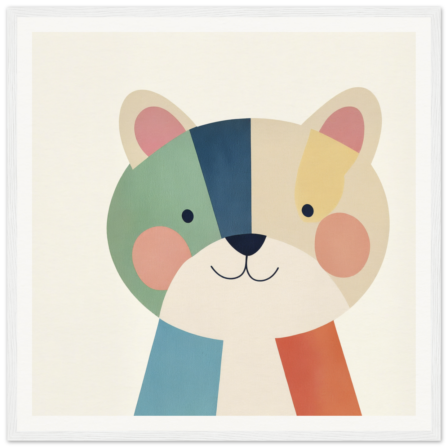 Cute cartoon cat face with geometric patches in Teal Bear Palette colors