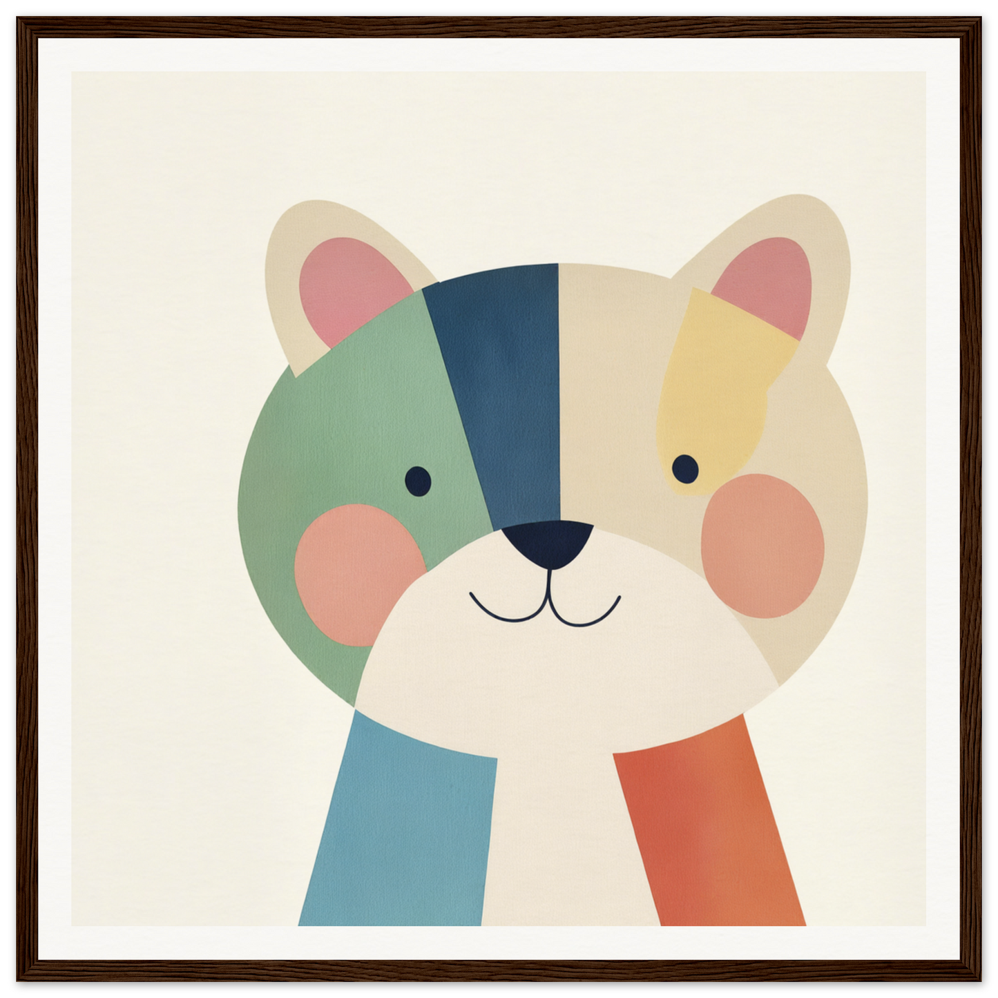 Cute cartoon cat face with geometric pastel color blocks in Teal Bear Palette