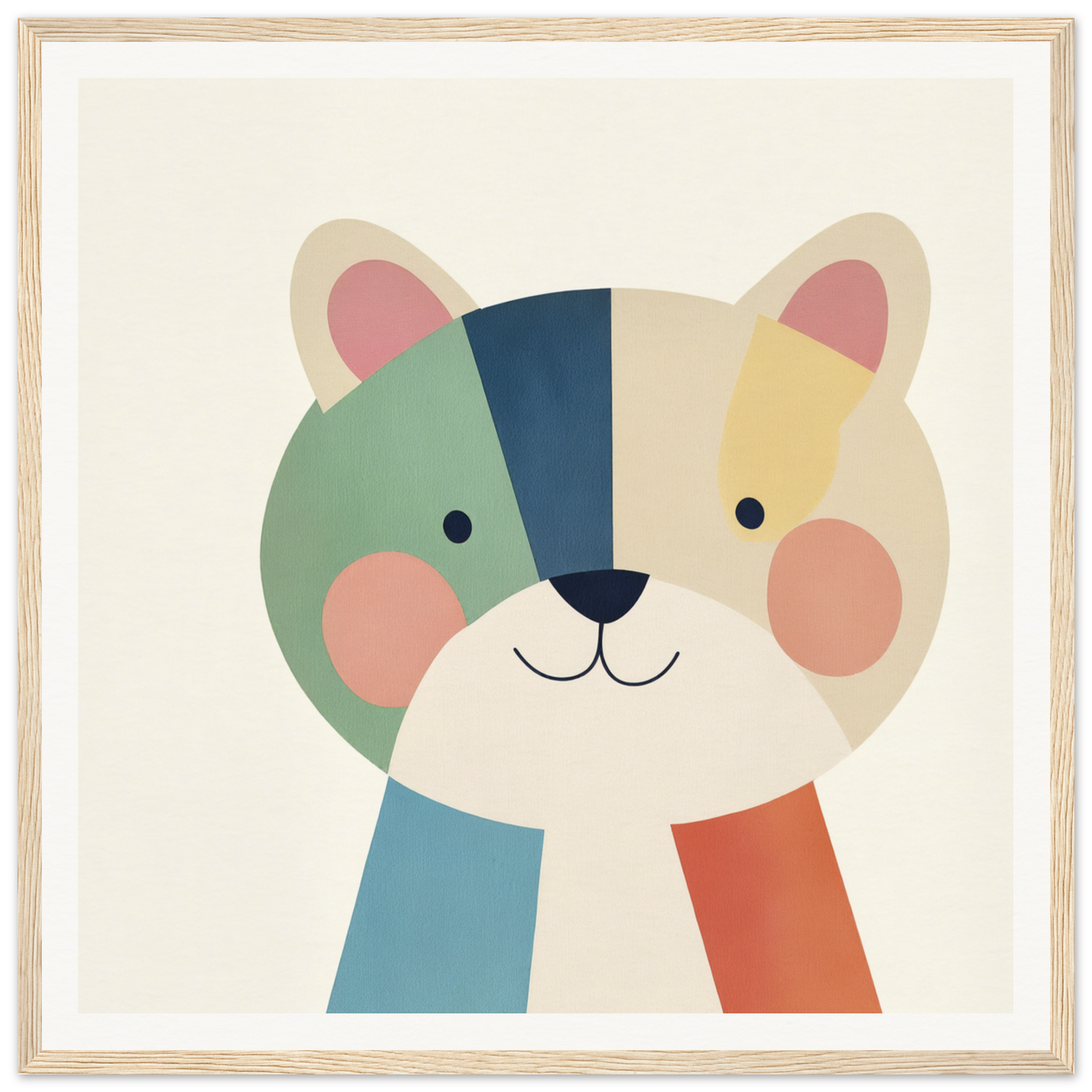 Cute cartoon cat face designed with geometric pastel colors in Teal Bear Palette