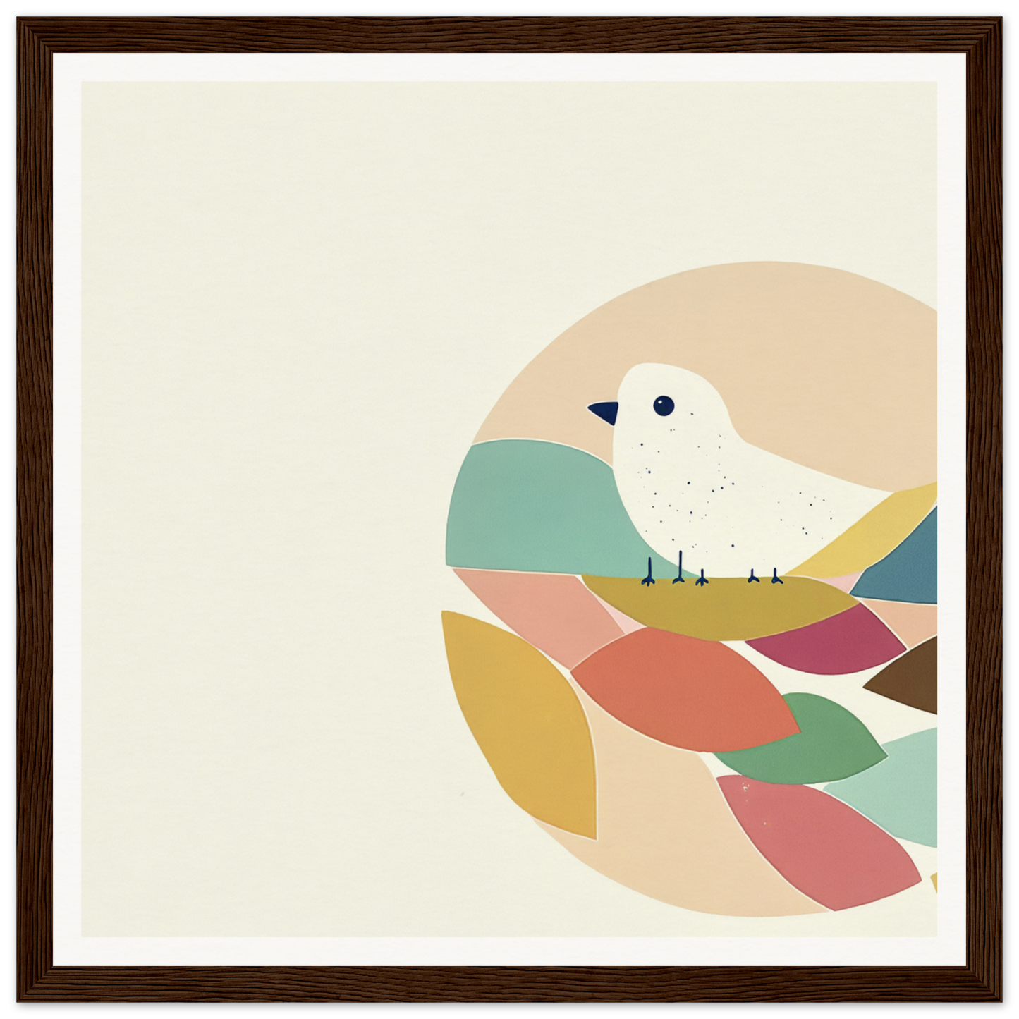White bird on abstract pastel shapes in Teal Bird Reverie design