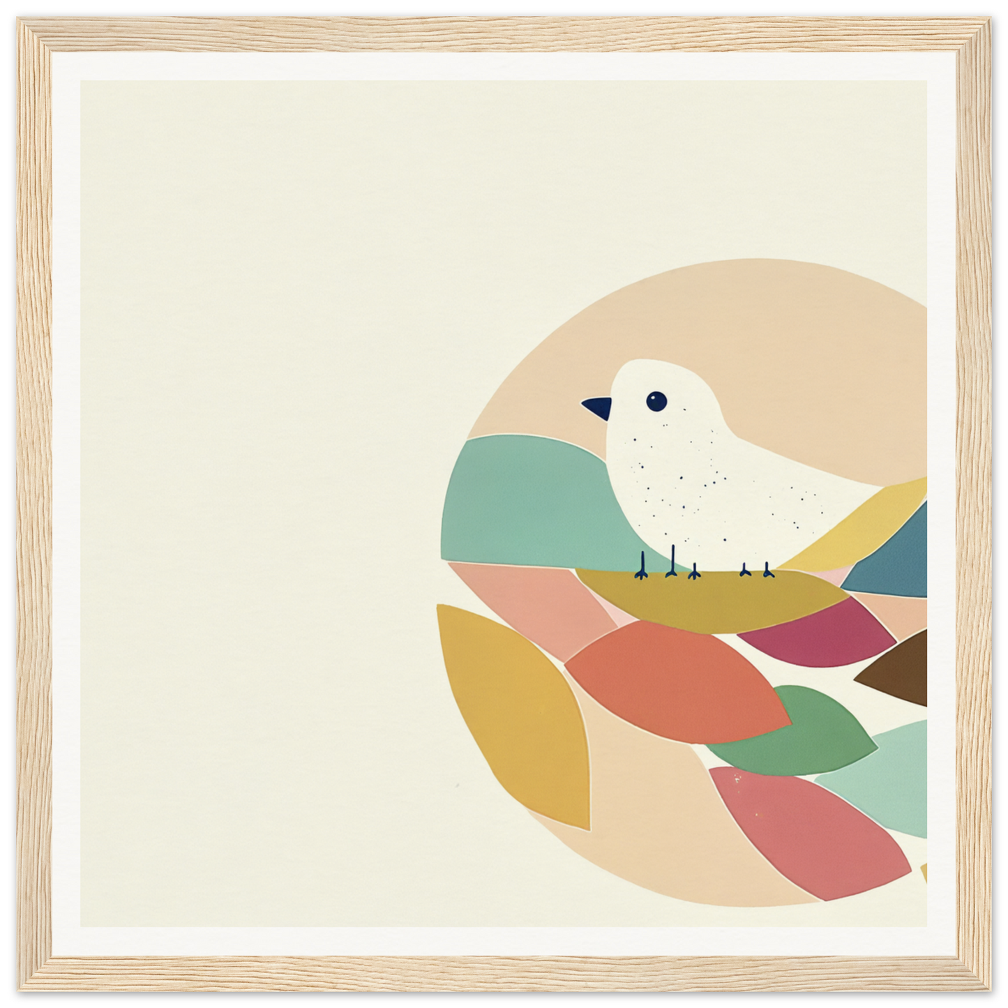 Minimalist illustration of a teal bird perched on colorful abstract shapes in Teal Bird Reverie