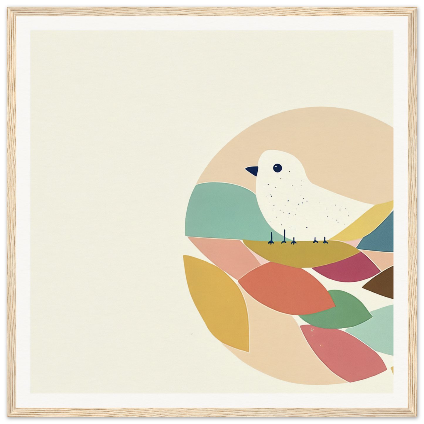 White bird perched on abstract pastel geometric shapes in Teal Bird Reverie