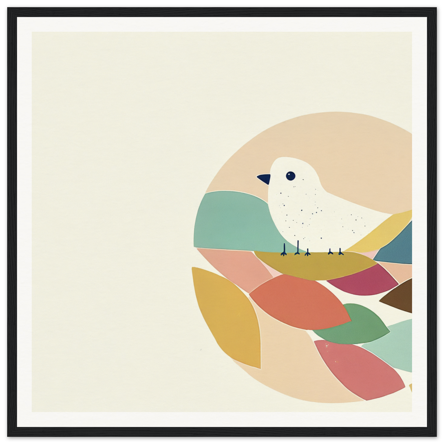 White bird perched on colorful curves in Teal Bird Reverie artwork