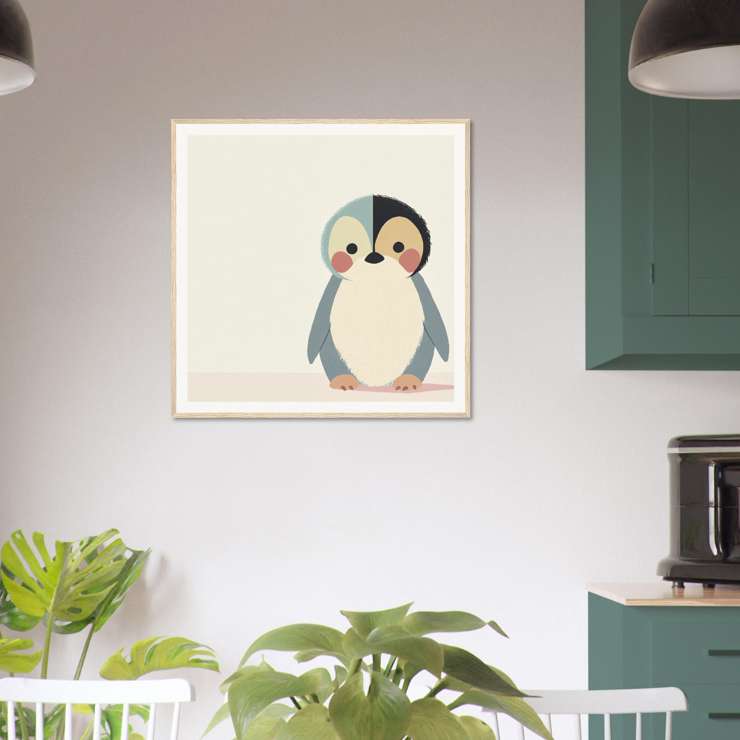 Cute cartoon penguin artwork framed in white, titled Teal Reverie Tango