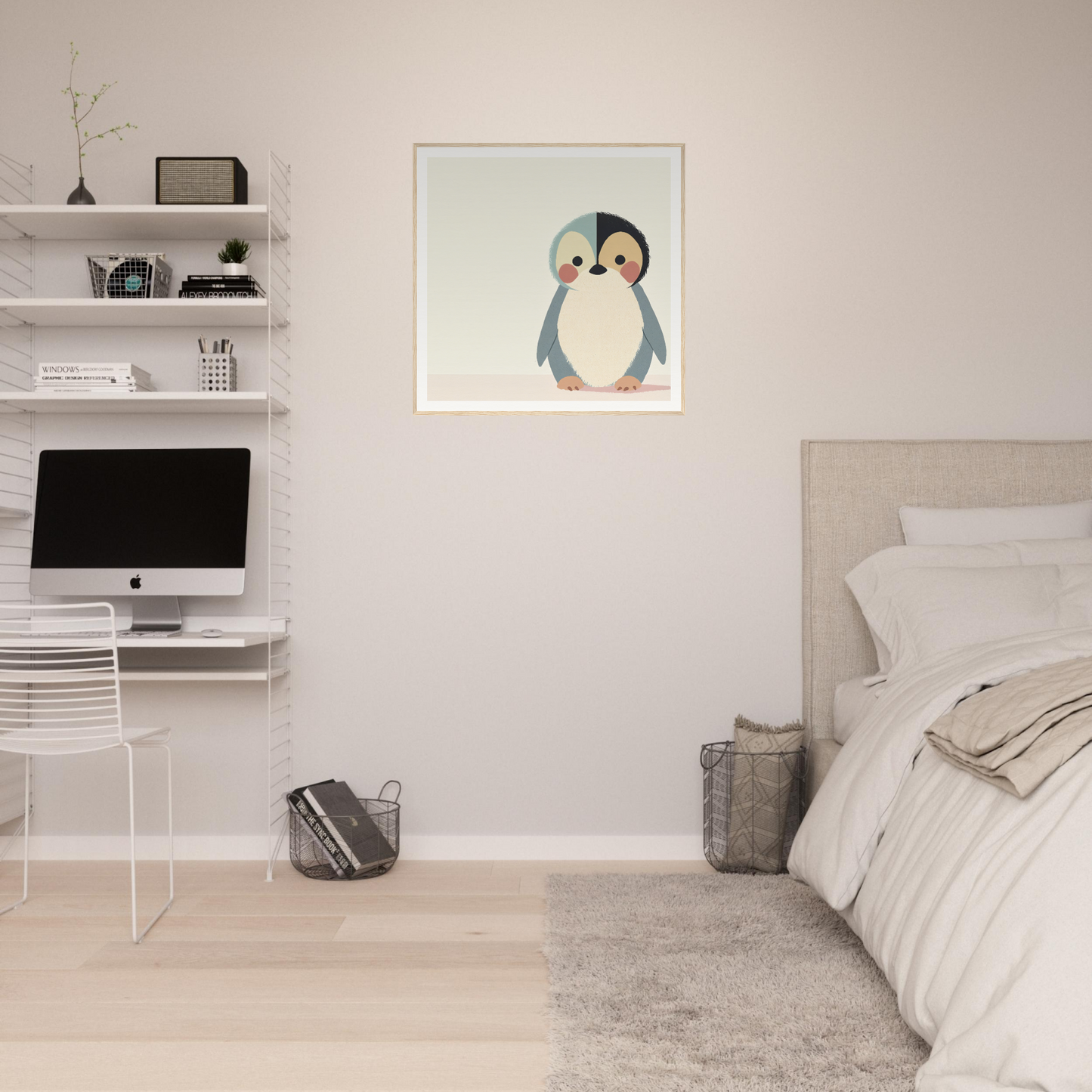 Cute cartoon penguin artwork on the wall of Teal Reverie Tango product display