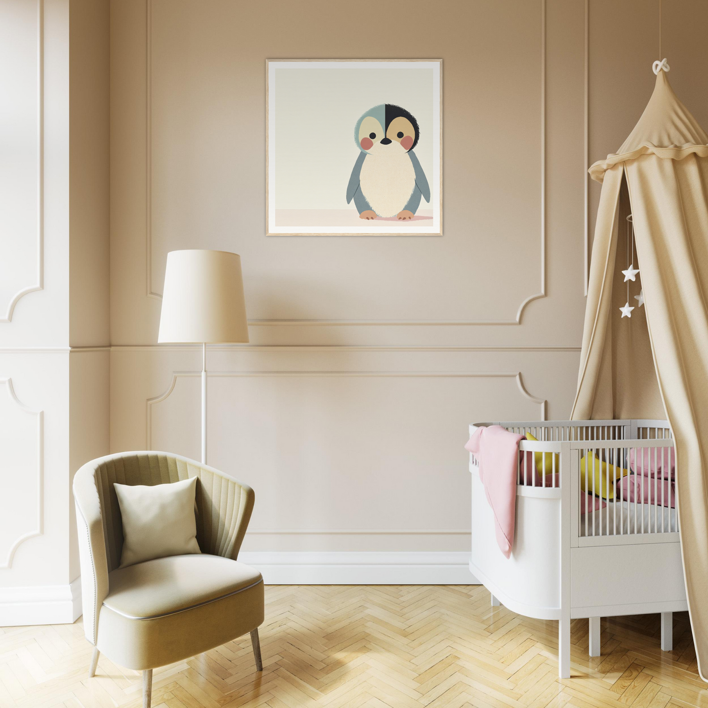 Nursery room featuring Teal Reverie Tango with penguin print, armchair, and canopy crib