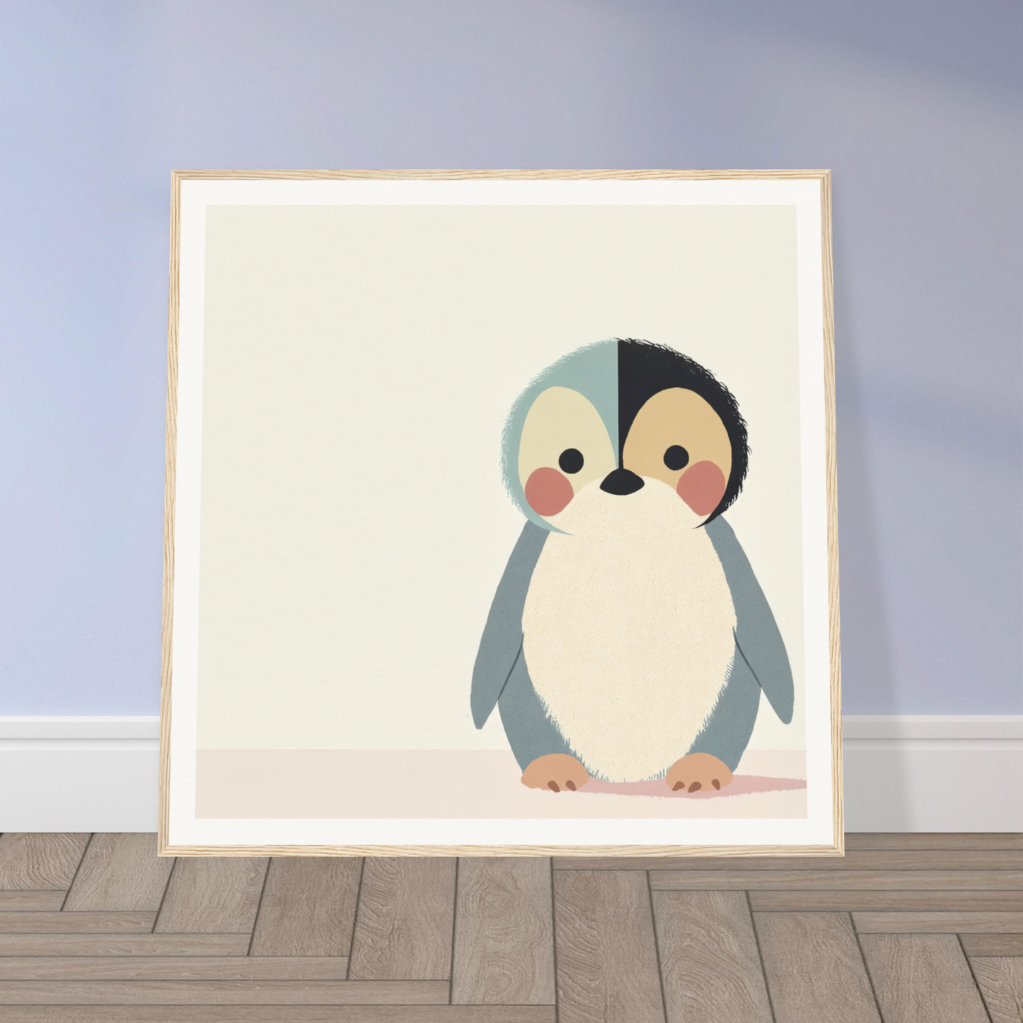 Cute cartoon penguin with rosy cheeks in minimalist style for Teal Reverie Tango