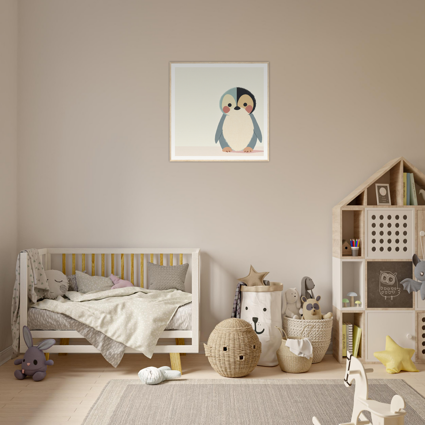 Adorable penguin artwork displayed on the wall in Teal Reverie Tango design