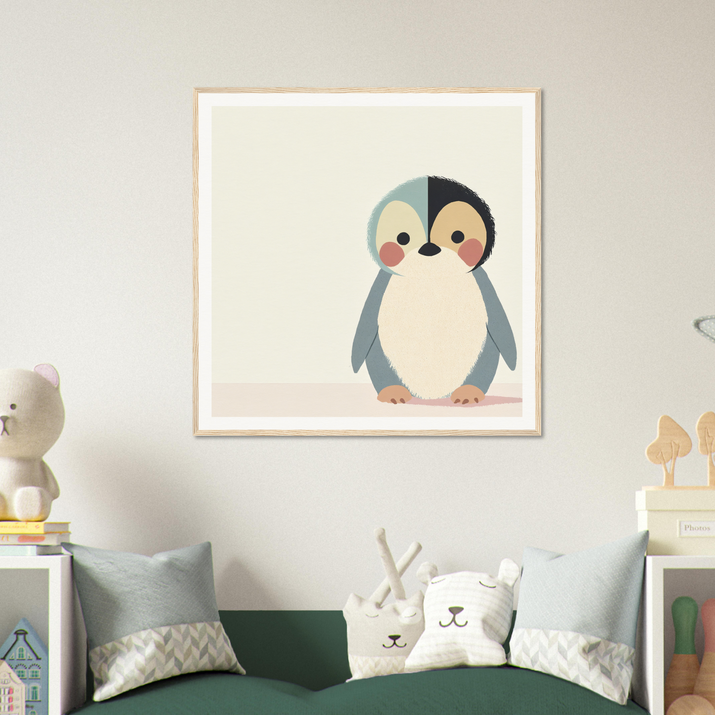 Cute cartoon penguin with rosy cheeks in minimalist style for Teal Reverie Tango