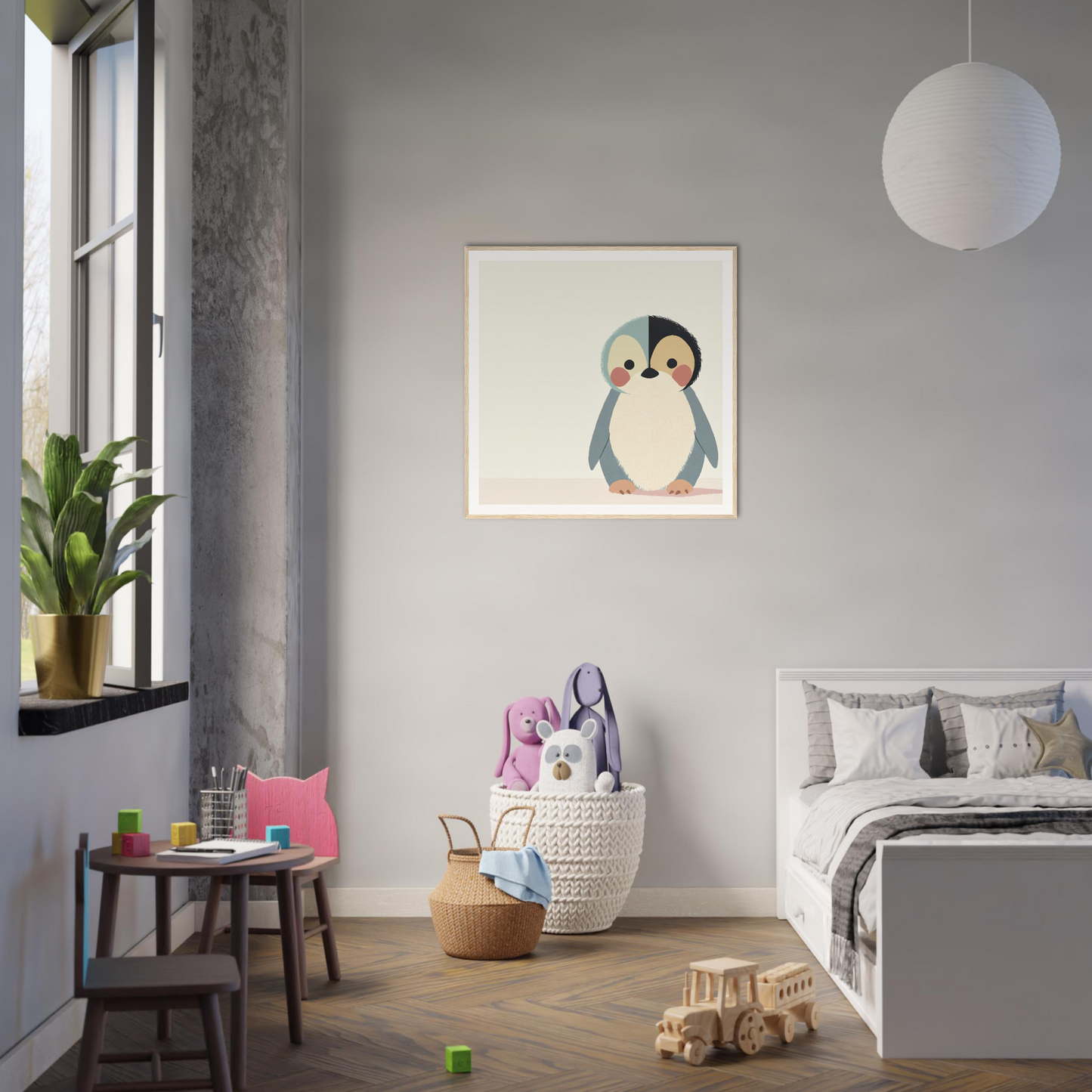 Cute penguin artwork on gray wall in Teal Reverie Tango collection