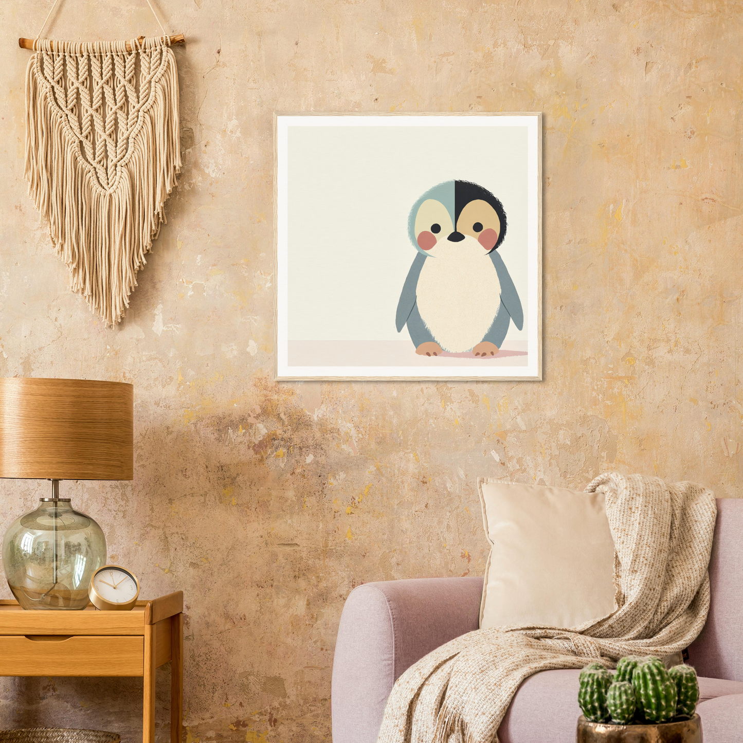 Cute cartoon penguin artwork with geometric shapes in soft colors for Teal Reverie Tango