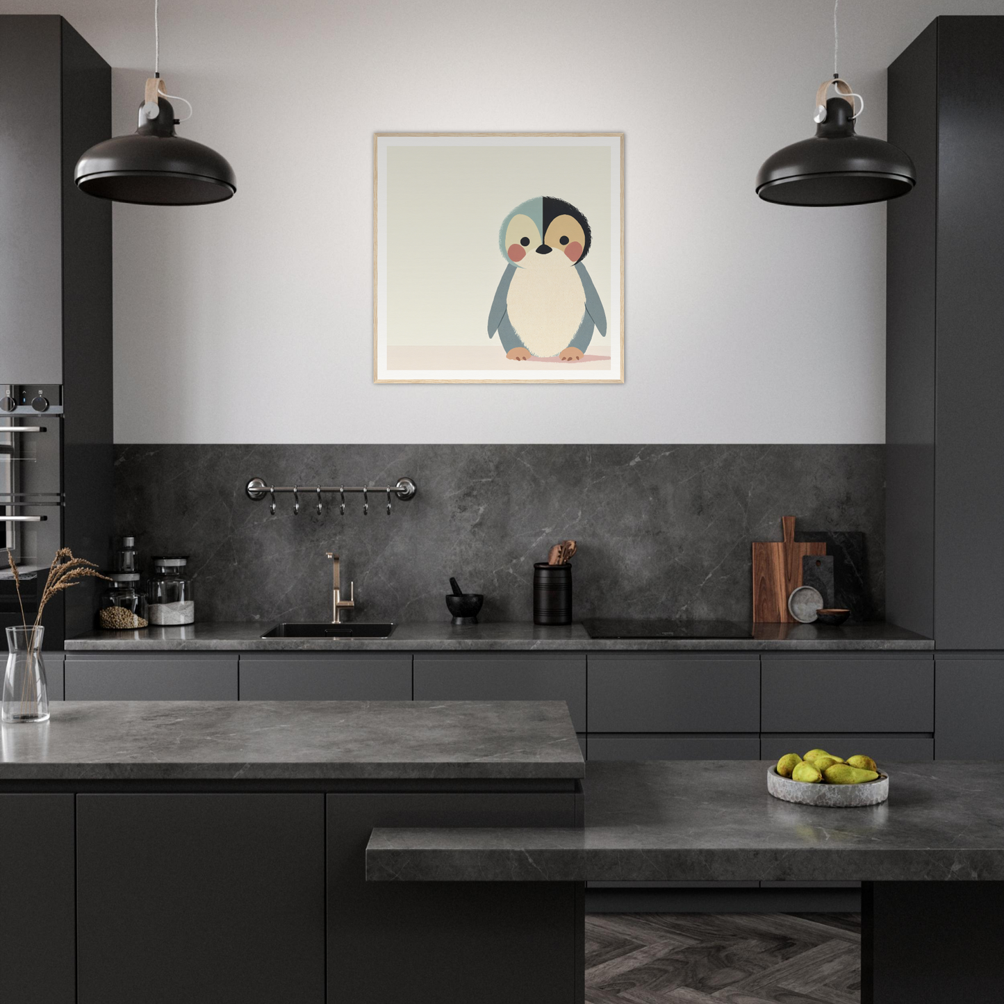 Modern dark gray kitchen featuring adorable penguin artwork in Teal Reverie Tango