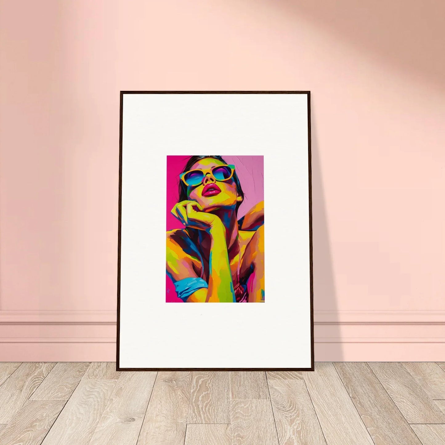 Framed pop art portrait of a person in colorful sunglasses for vibrant room decor