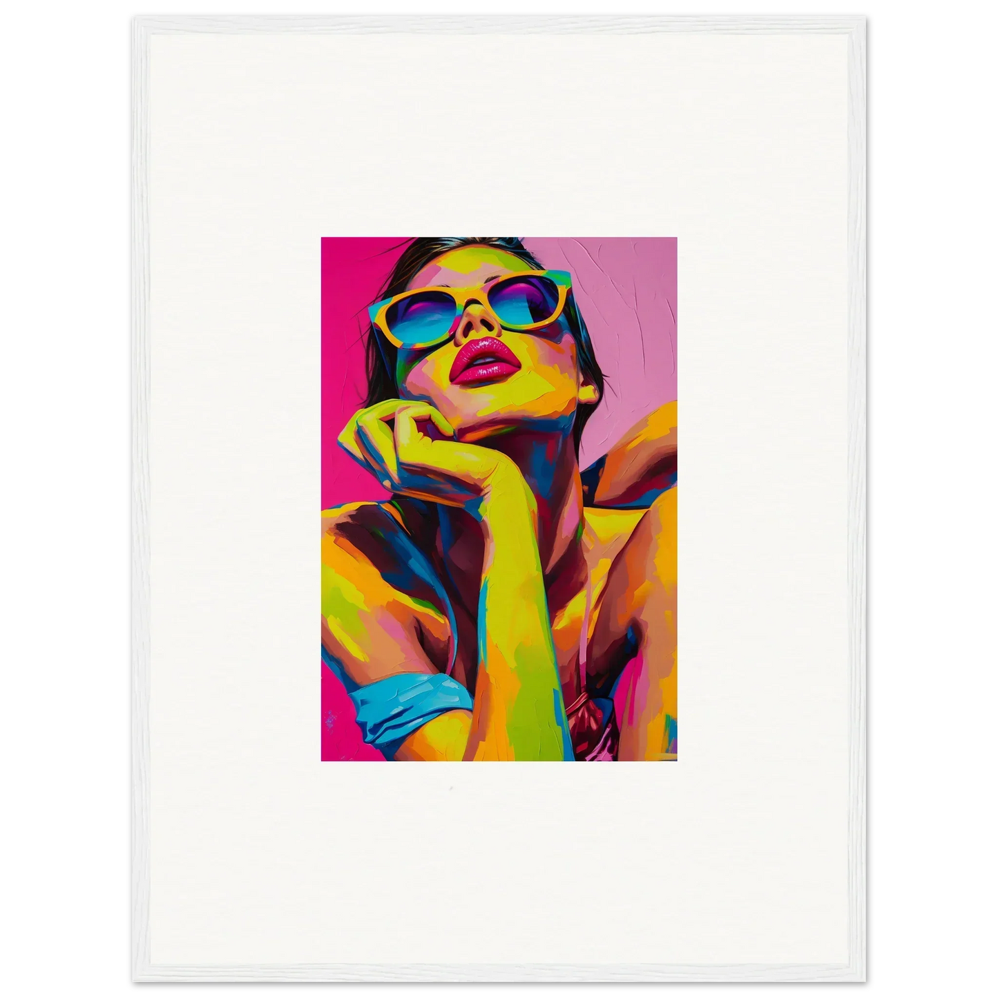 Colorful pop art portrait with blue sunglasses, perfect for Daydream Ecstasy room decor