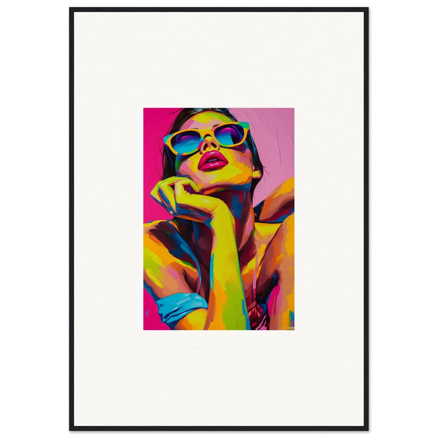 Colorful pop art portrait wearing blue sunglasses, perfect for Daydream Ecstasy room decor